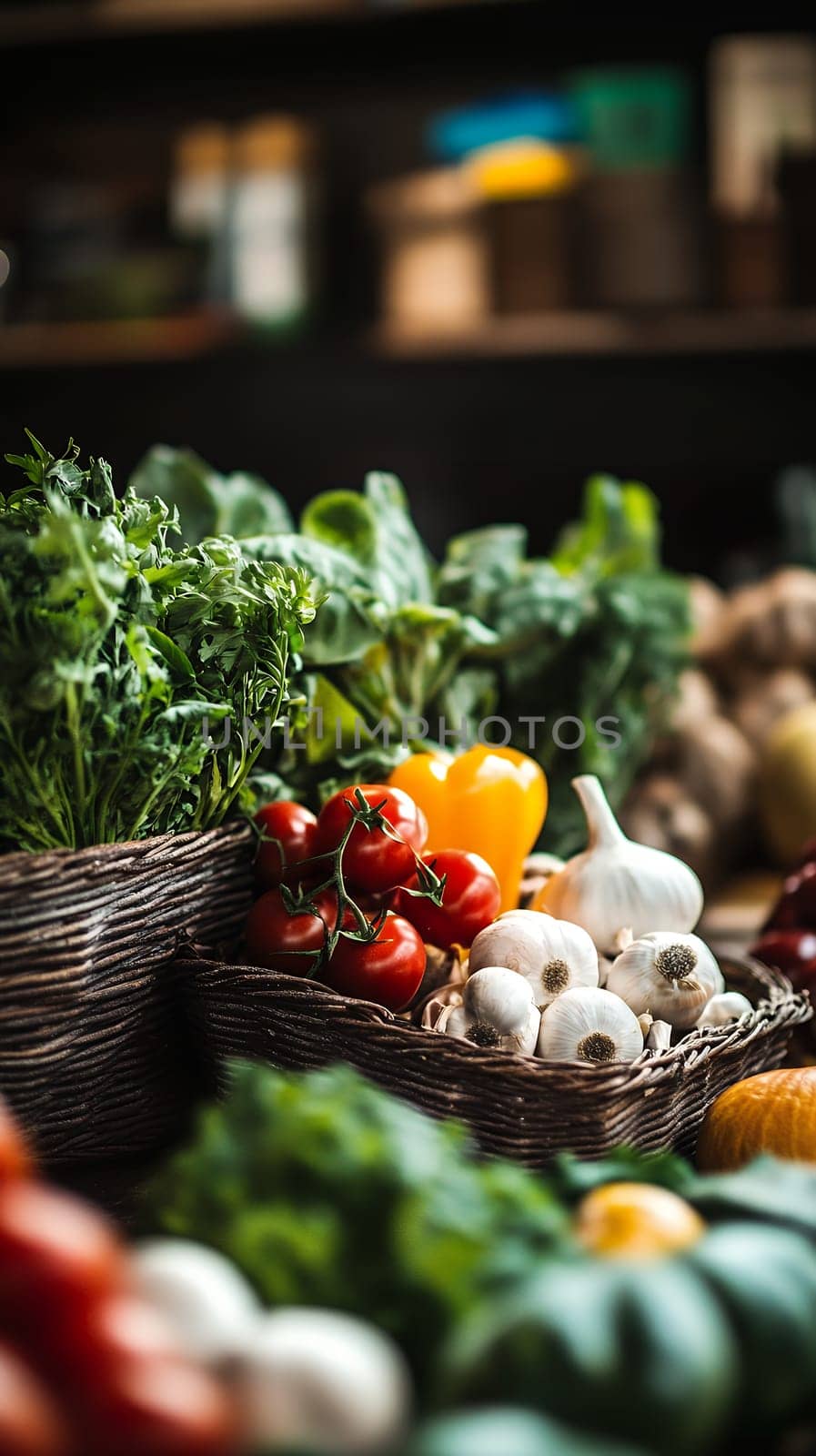 Fresh organic vegetables including tomatoes, garlic, yellow bell pepper and herbs in woven basket, dark moody food photography.