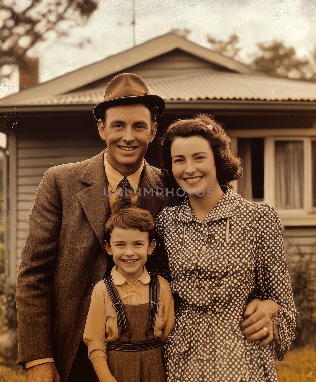 Vintage photo of an American family from the 1940s, 1950s