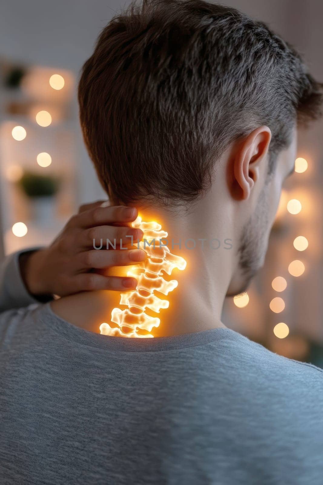 digital composite of highlighted neck of a man with neck pain. AI generative.