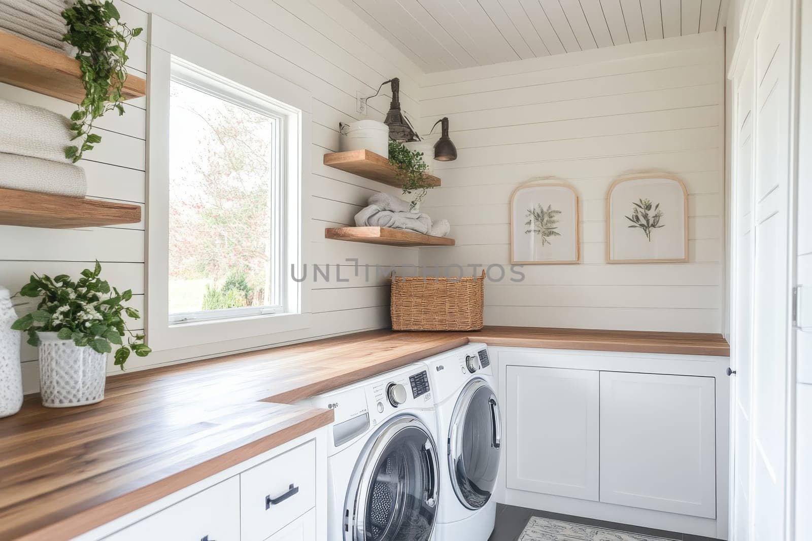 Bright and airy laundry room with wooden countertops, white shiplap walls, and potted plants, showcasing a perfect blend of functionality and style.