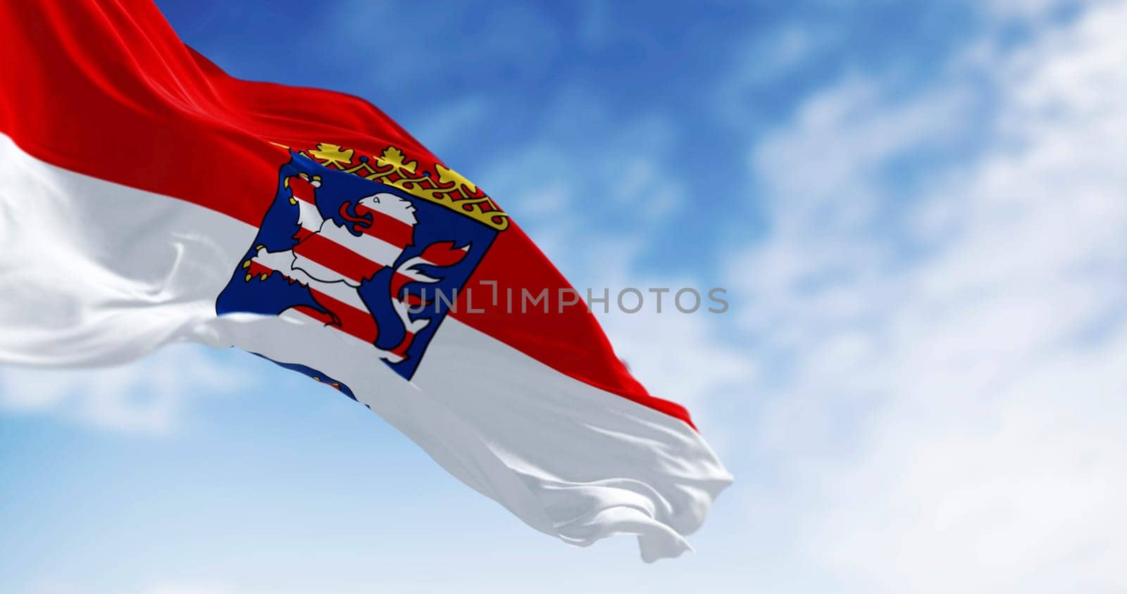Close-up of the Hesse State flag waving in the wind. Hesse is a state in Germany. 3d illustration render. Selective focus. Fluttering fabric