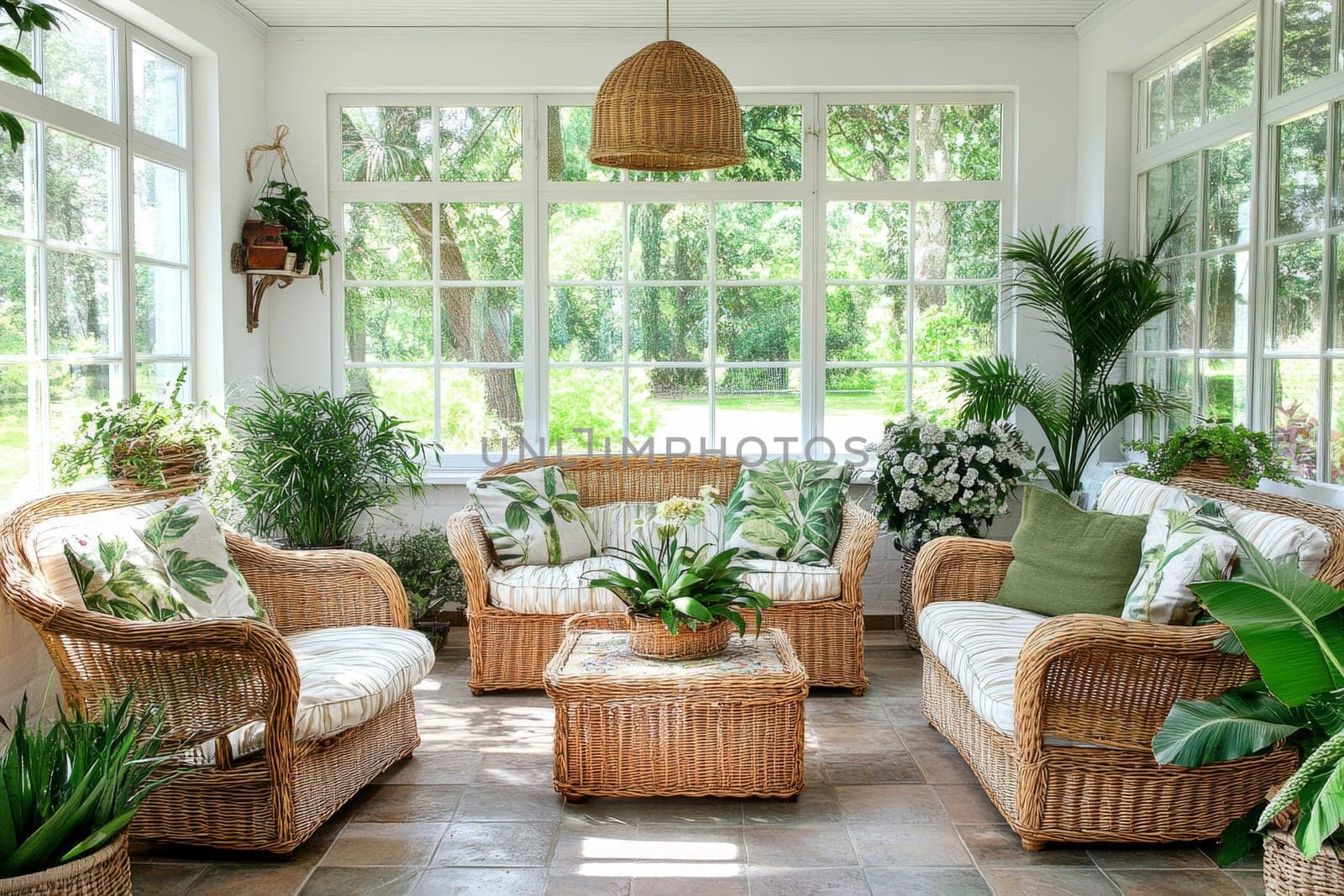Bright sunroom with wicker seating, tropical print pillows, and lush plants, surrounded by large windows with garden views.