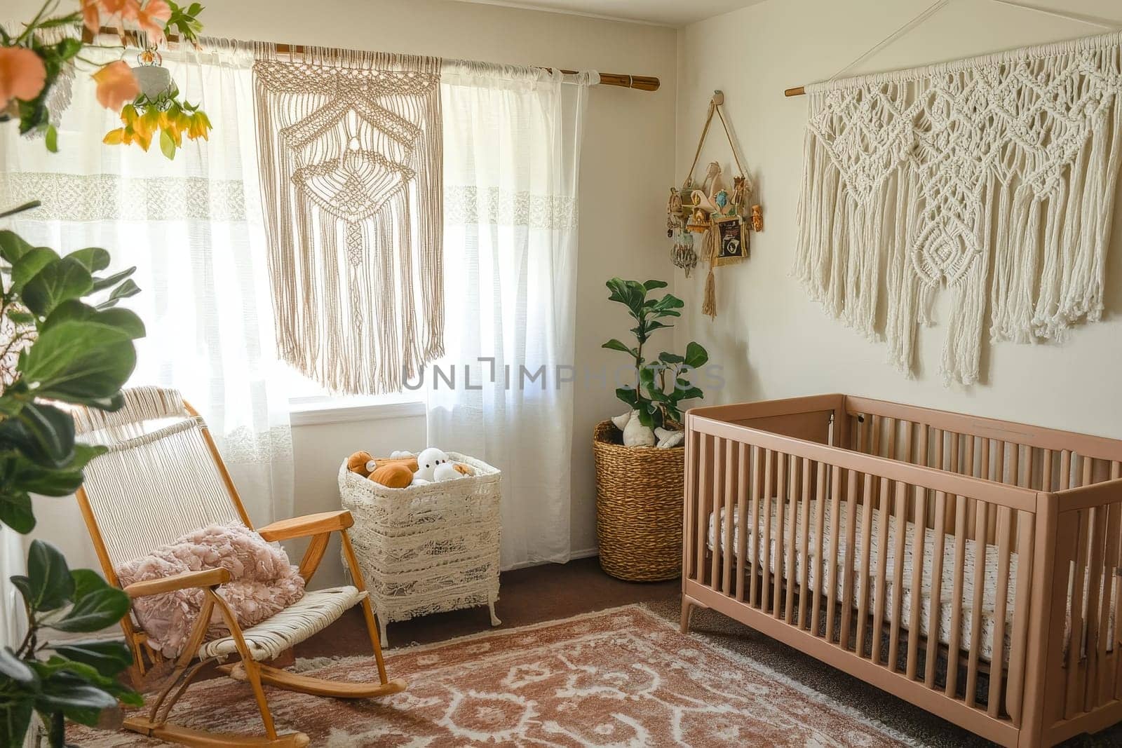 Charming nursery with wooden crib, macrame decor, rocking chair, and floral elements, creating a dreamy bohemian space.