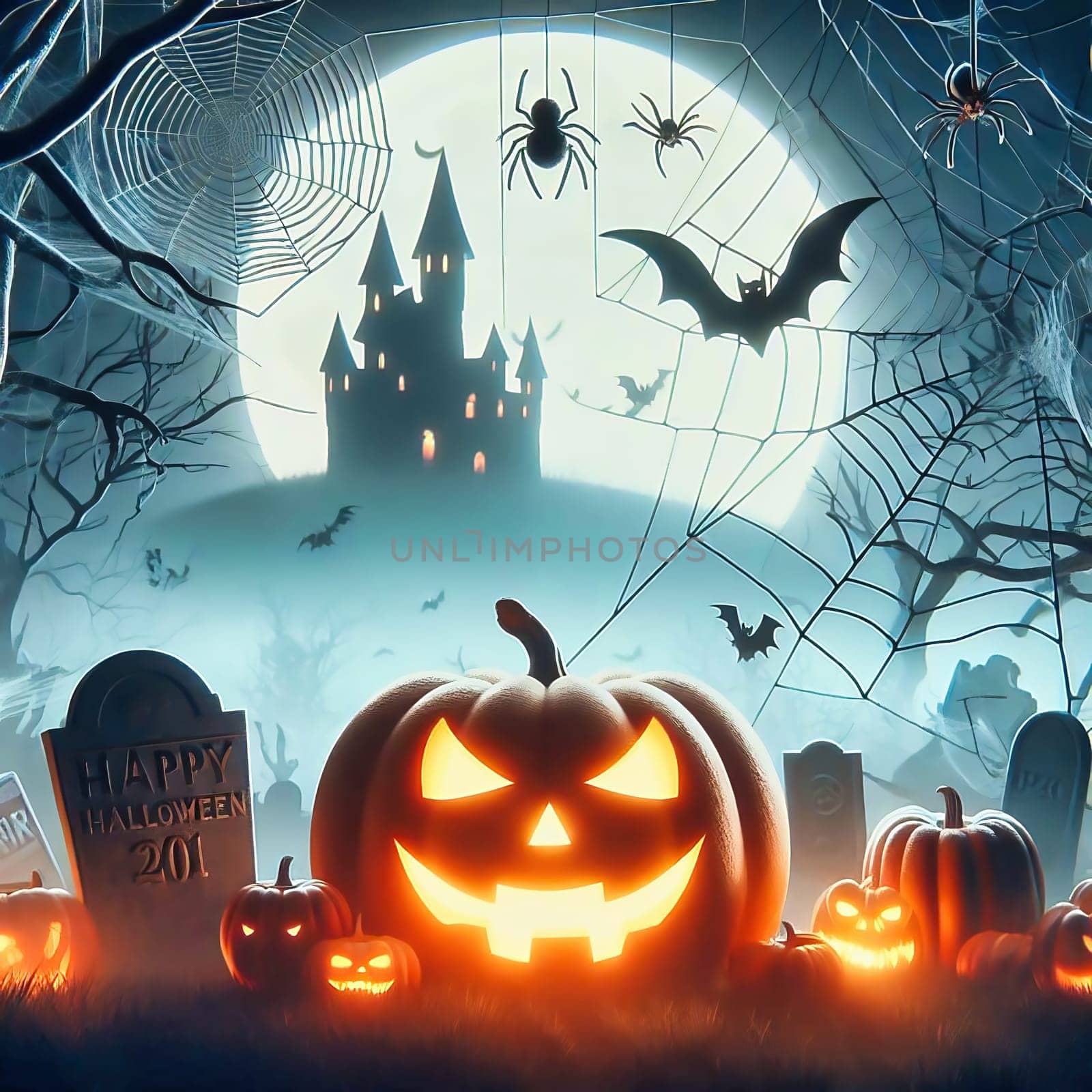 Cemetery at Helloween. Pumpkin, gravestone, fog, vampire, bat, full moon. AI generated