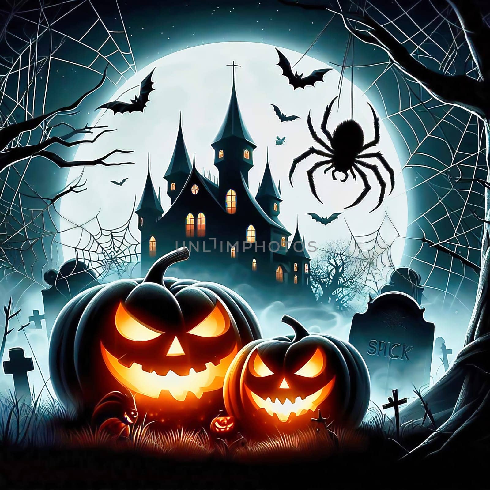 Cemetery at Helloween. Pumpkin, gravestone, fog, vampire, bat, full moon. AI generated