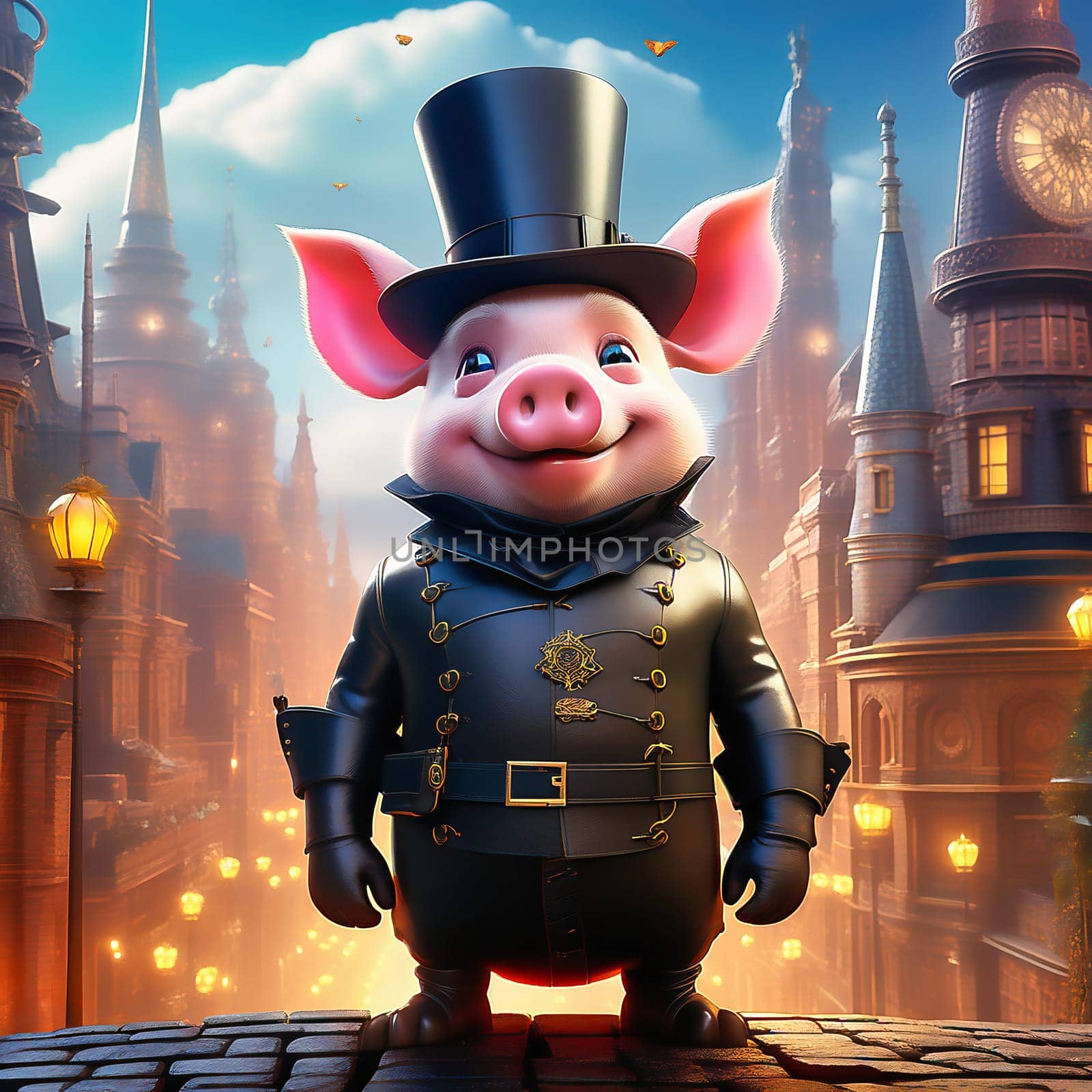 Happy pig. The image shows a happy pig in a chimney sweep outfit with a top hat, standing on the street in front of a city skyline at sunset. AI generated image