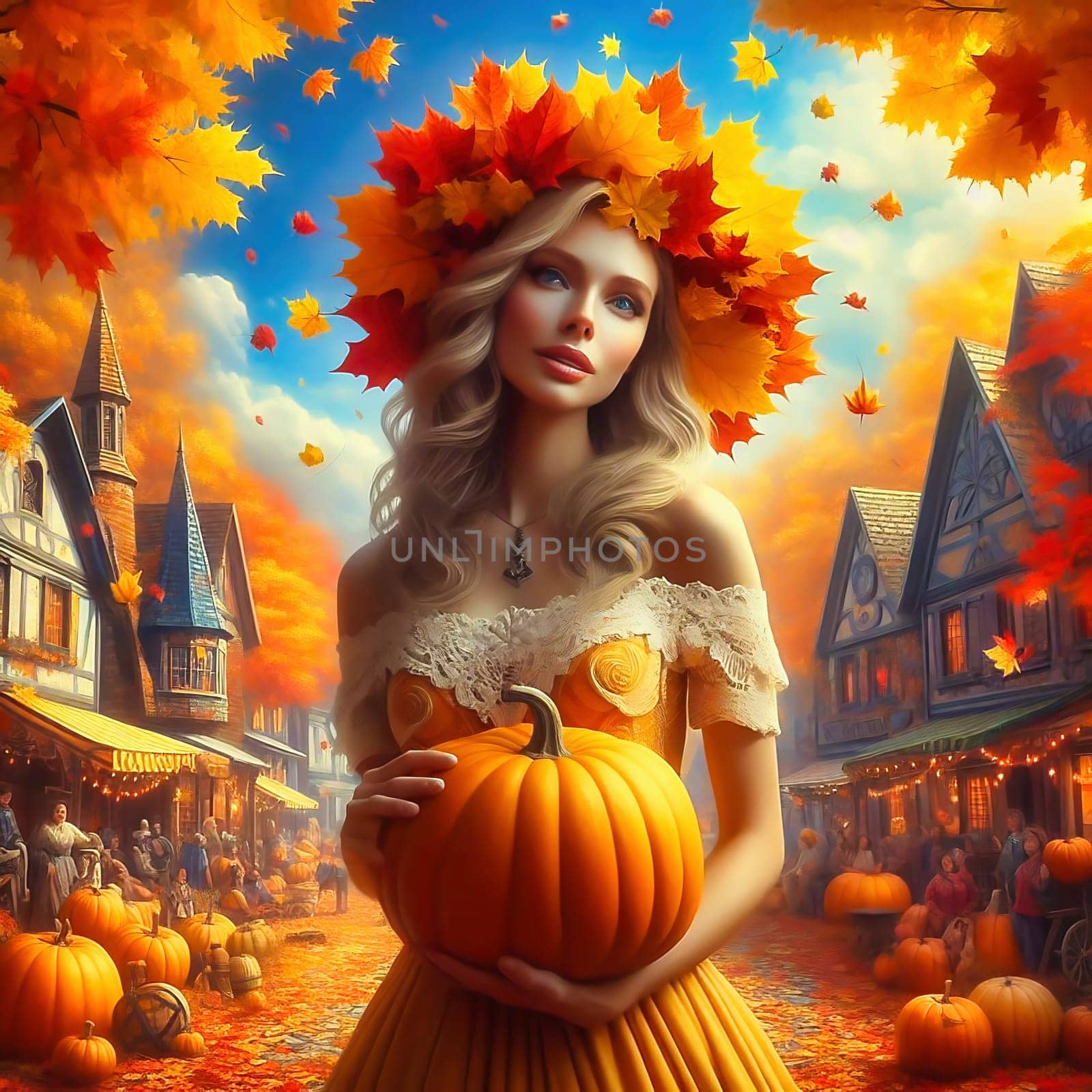 Beautiful woman with dress, carrying a pumpkin in autumn time, with colorful leaves. AI generated