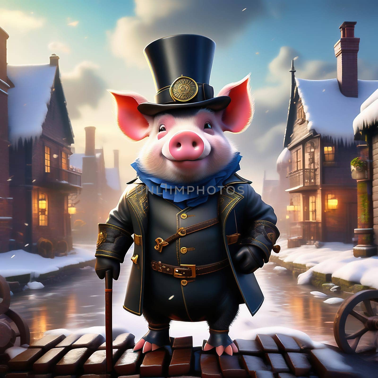 Happy pig. The image shows a happy pig in a chimney sweep outfit with a top hat, standing on the street in front of a city skyline at sunset. AI generated image