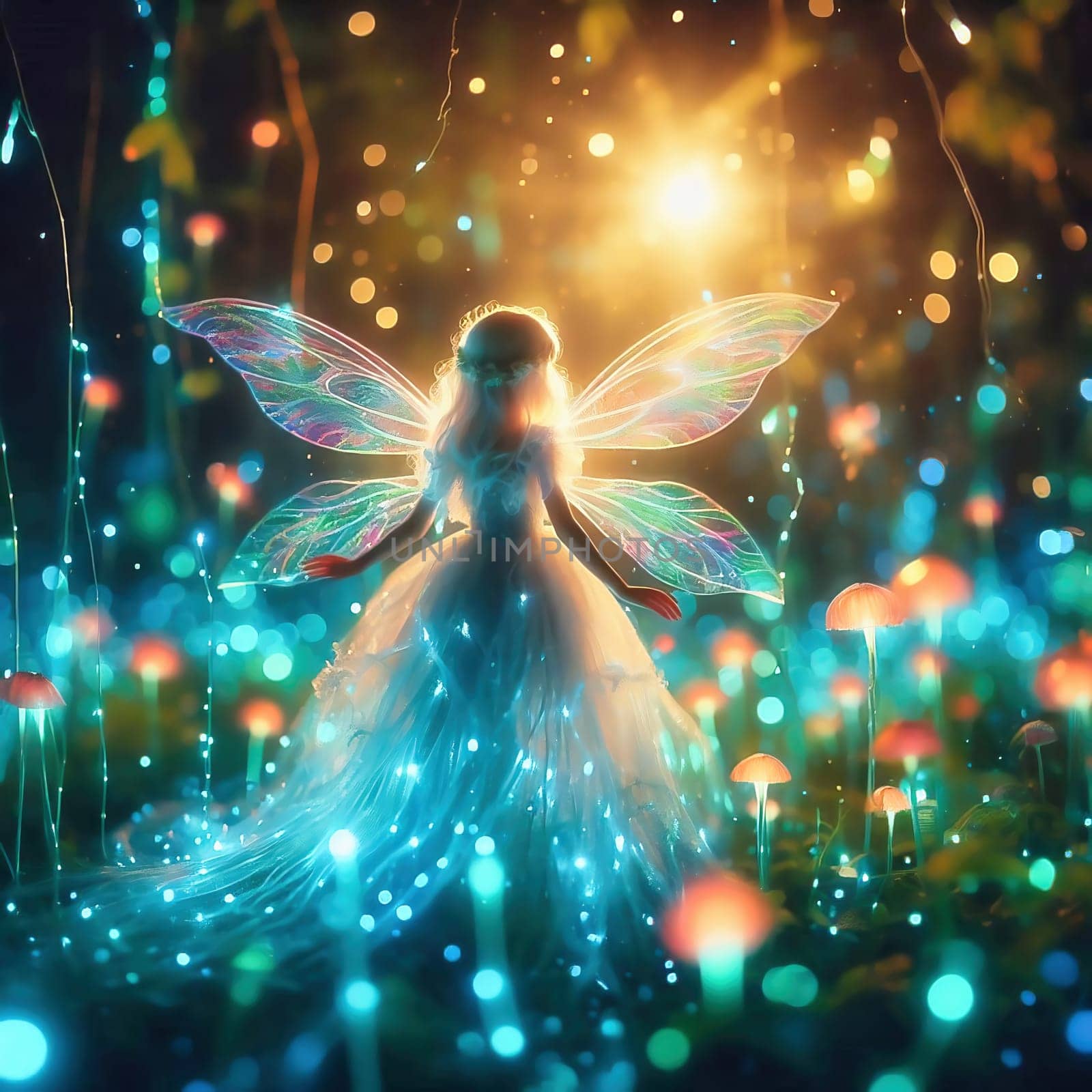 Fairy in the forest with glowing elements. Fantasy picture from a fairytale forest. AI generated