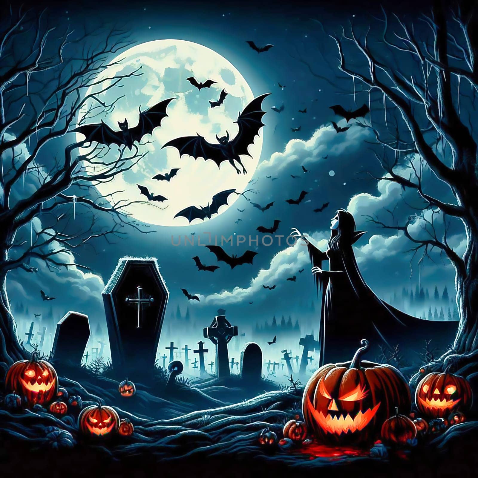 Cemetery at Helloween. Pumpkin, gravestone, fog, vampire, bat, full moon. AI generated