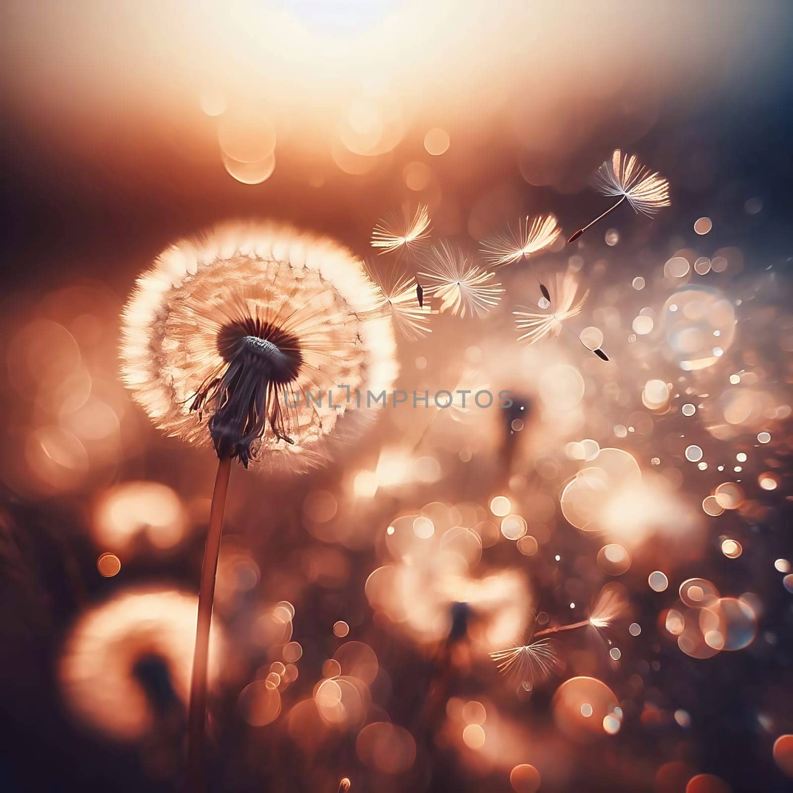 Dandelion, seeds fly through the air with soft bokeh at sunset and romantic light. AI generated