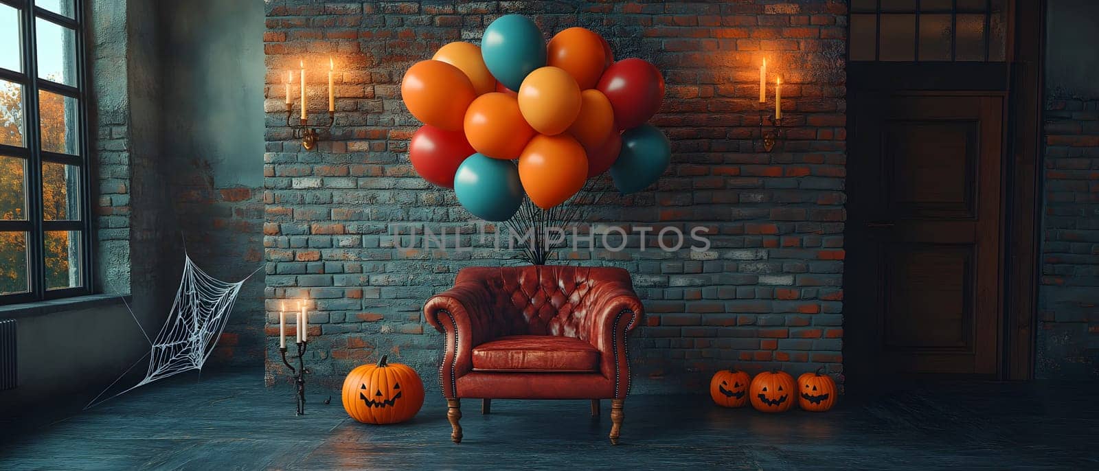 The Halloween scene with armchair, colorful balloons, decorations and old walls gives a sense of fun and mystery. The contrast between the colorful balloons and the old and charming charm of the wall.