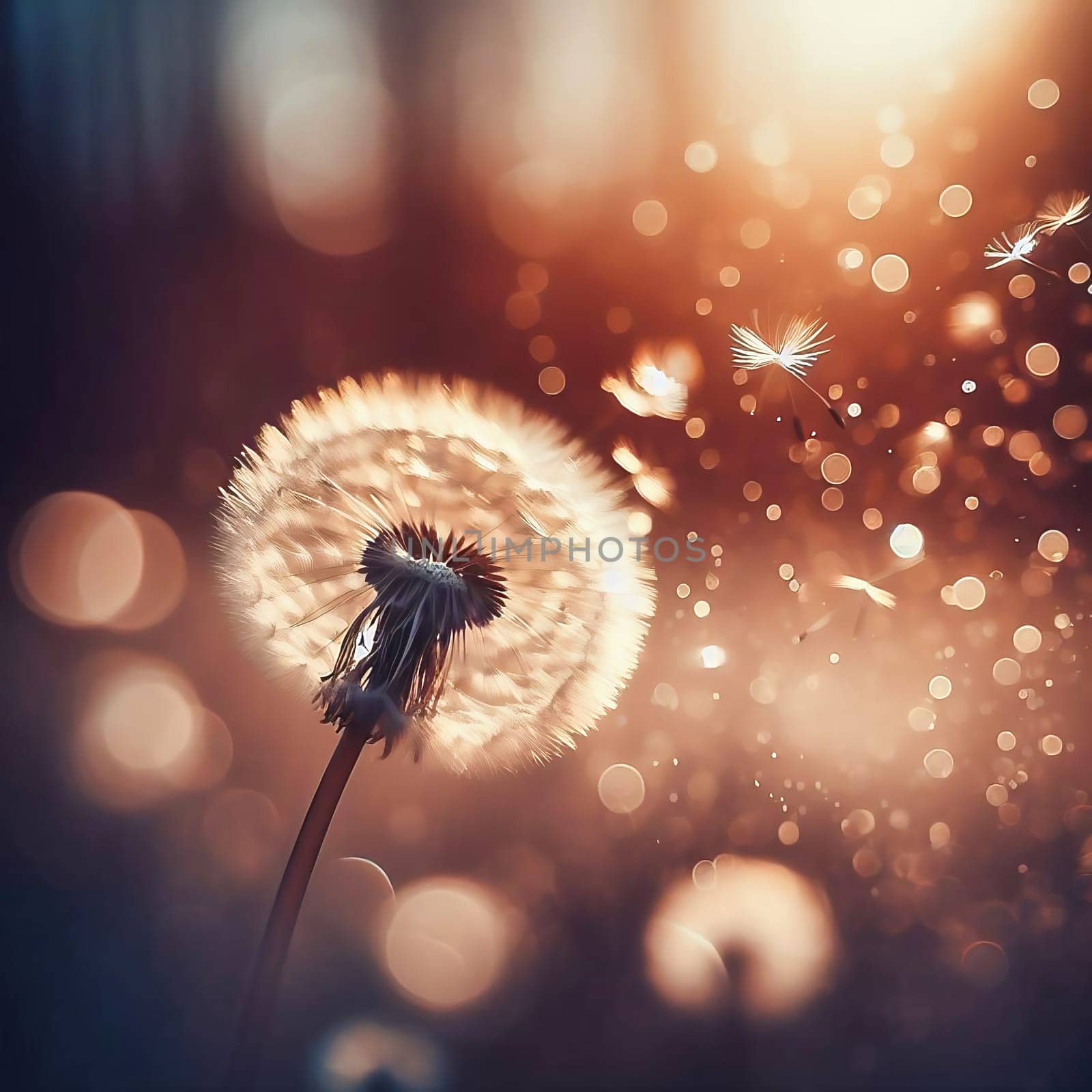 Dandelion, seeds fly through the air with soft bokeh at sunset and romantic light. AI generated