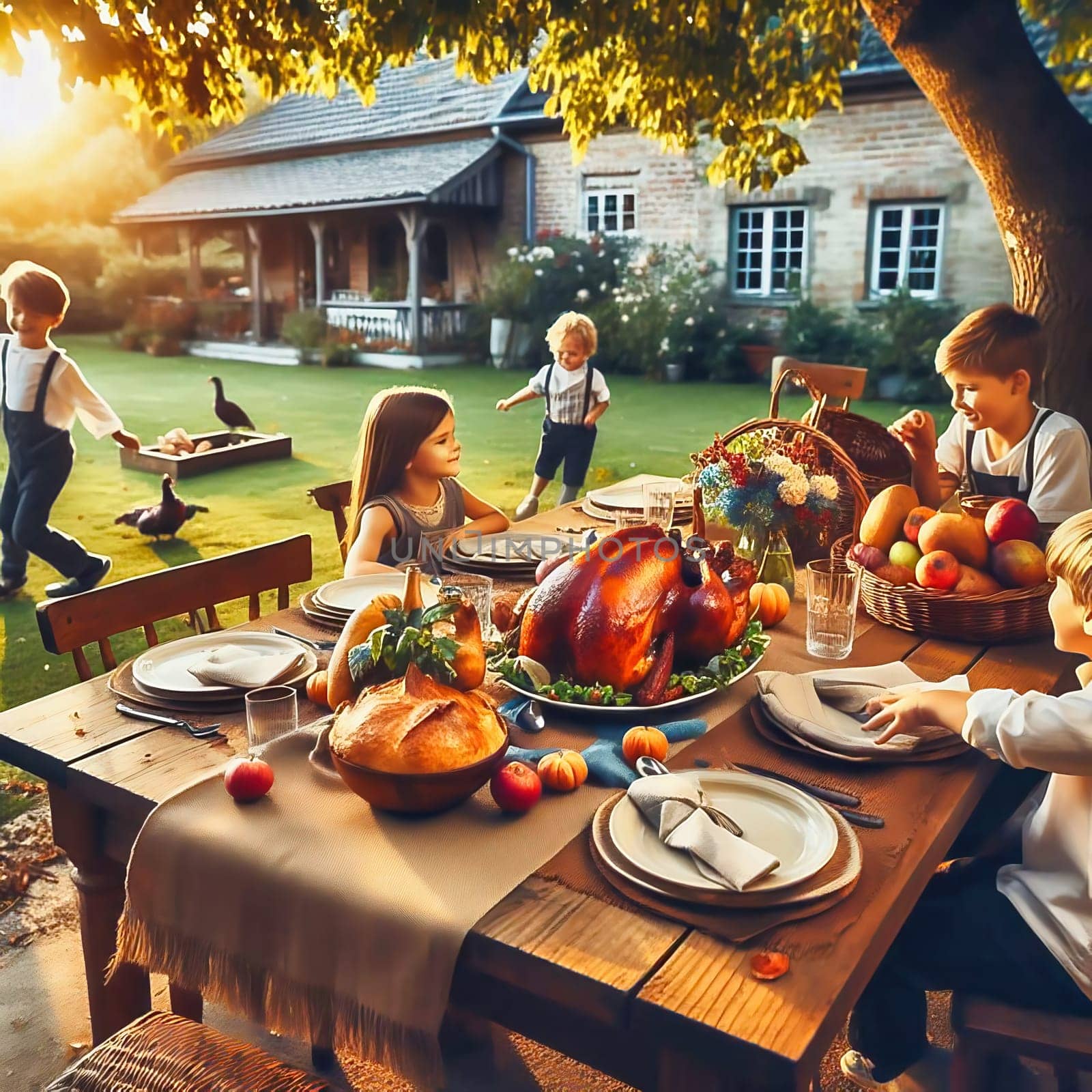Harvest festival with the family. Traditional family celebration. Holiday with food. Celebration in the garden at the wooden table. AI generated image