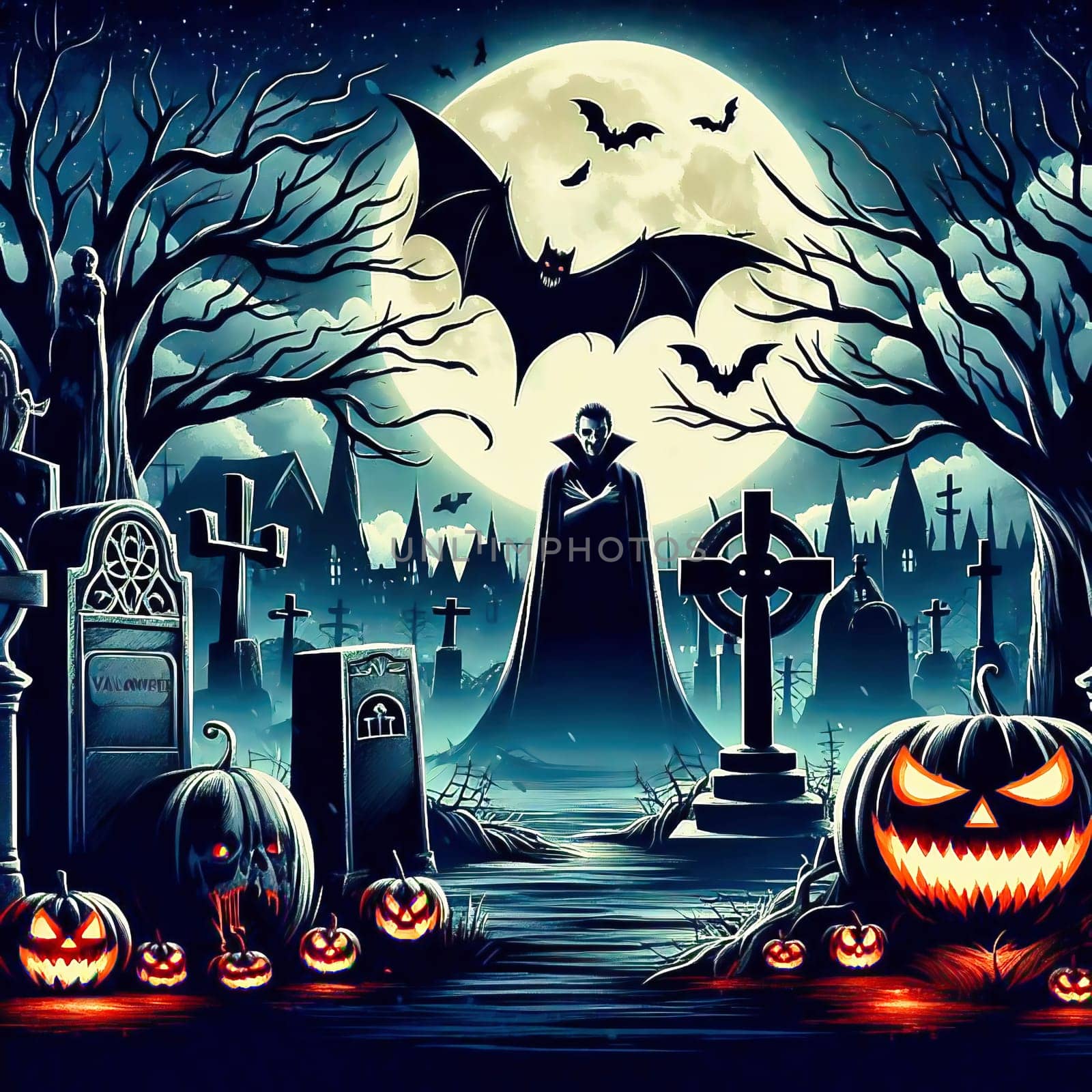 Cemetery at Helloween. Pumpkin, gravestone, fog, vampire, bat, full moon. AI generated