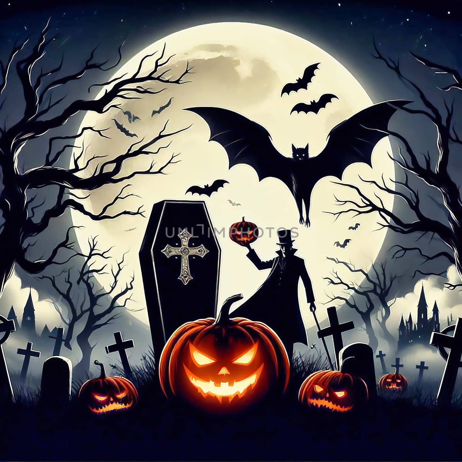 Cemetery at Helloween. Pumpkin, gravestone, fog, vampire, bat, full moon. AI generated