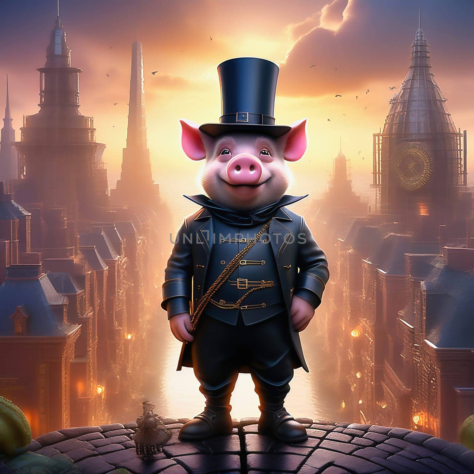 Happy pig. The image shows a happy pig in a chimney sweep outfit with a top hat, standing on the street in front of a city skyline at sunset. AI generated image