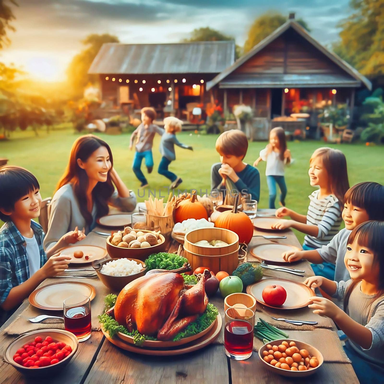 Harvest festival with the family. Traditional family celebration. Holiday with food. Celebration in the garden at the wooden table. AI generated image