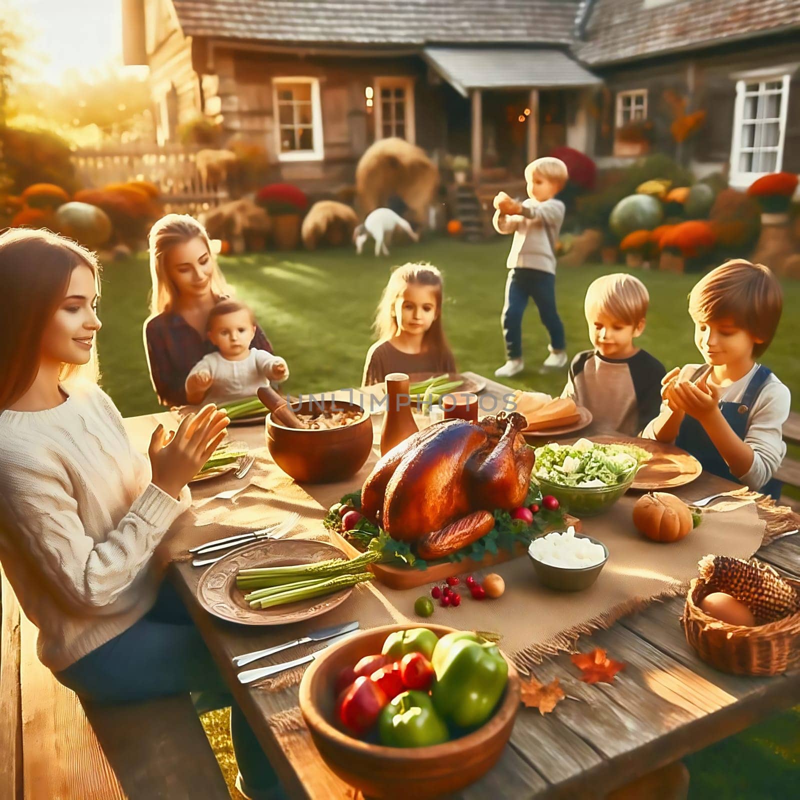 Harvest festival with the family. Traditional family celebration. Holiday with food. Celebration in the garden at the wooden table. AI generated image