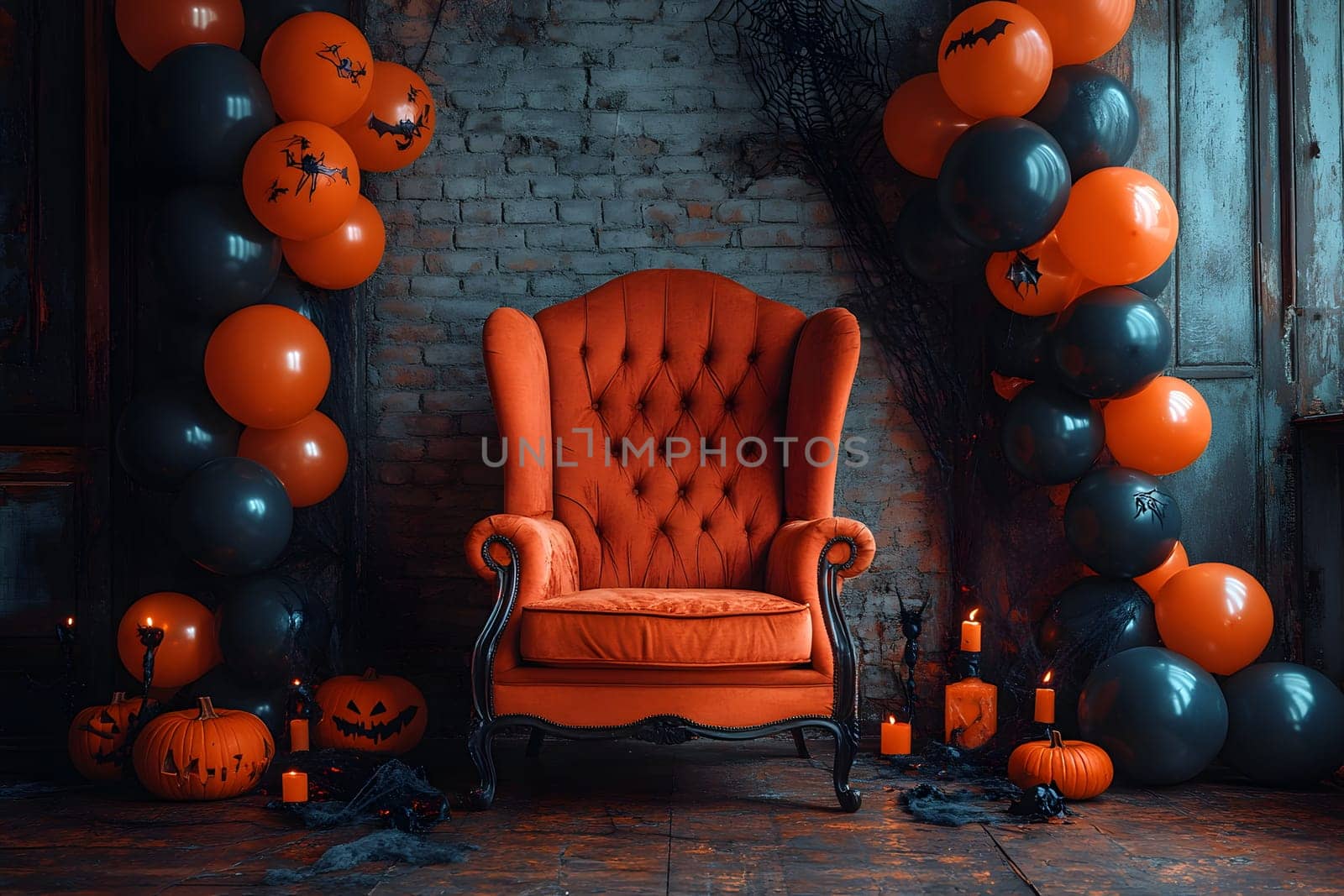 The Halloween scene with armchair, colorful balloons, decorations and old walls gives a sense of fun and mystery. The contrast between the colorful balloons and the old and charming charm of the wall.
