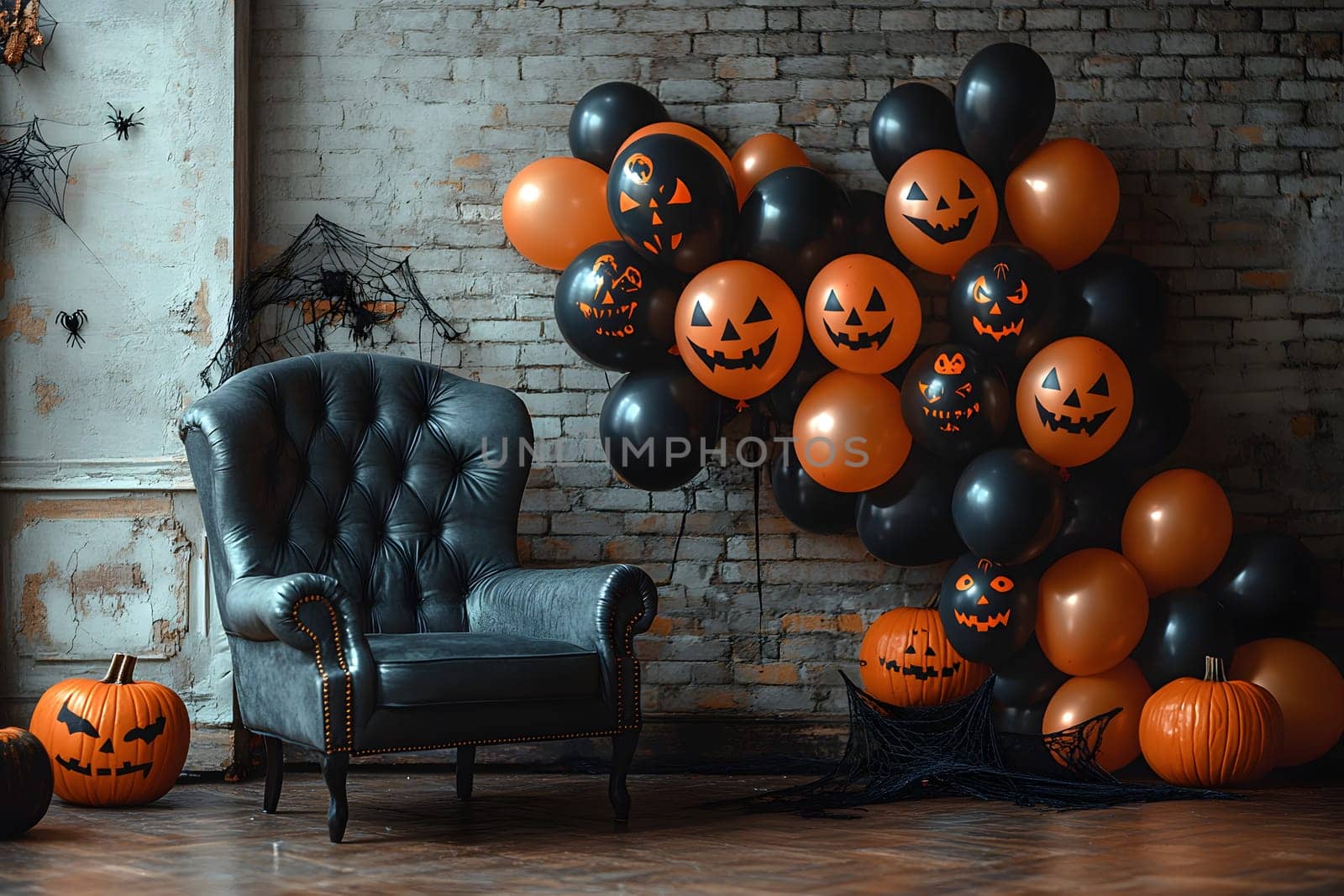 The Halloween scene with armchair, colorful balloons, decorations and old walls gives a sense of fun and mystery. The contrast between the colorful balloons and the old and charming charm of the wall.
