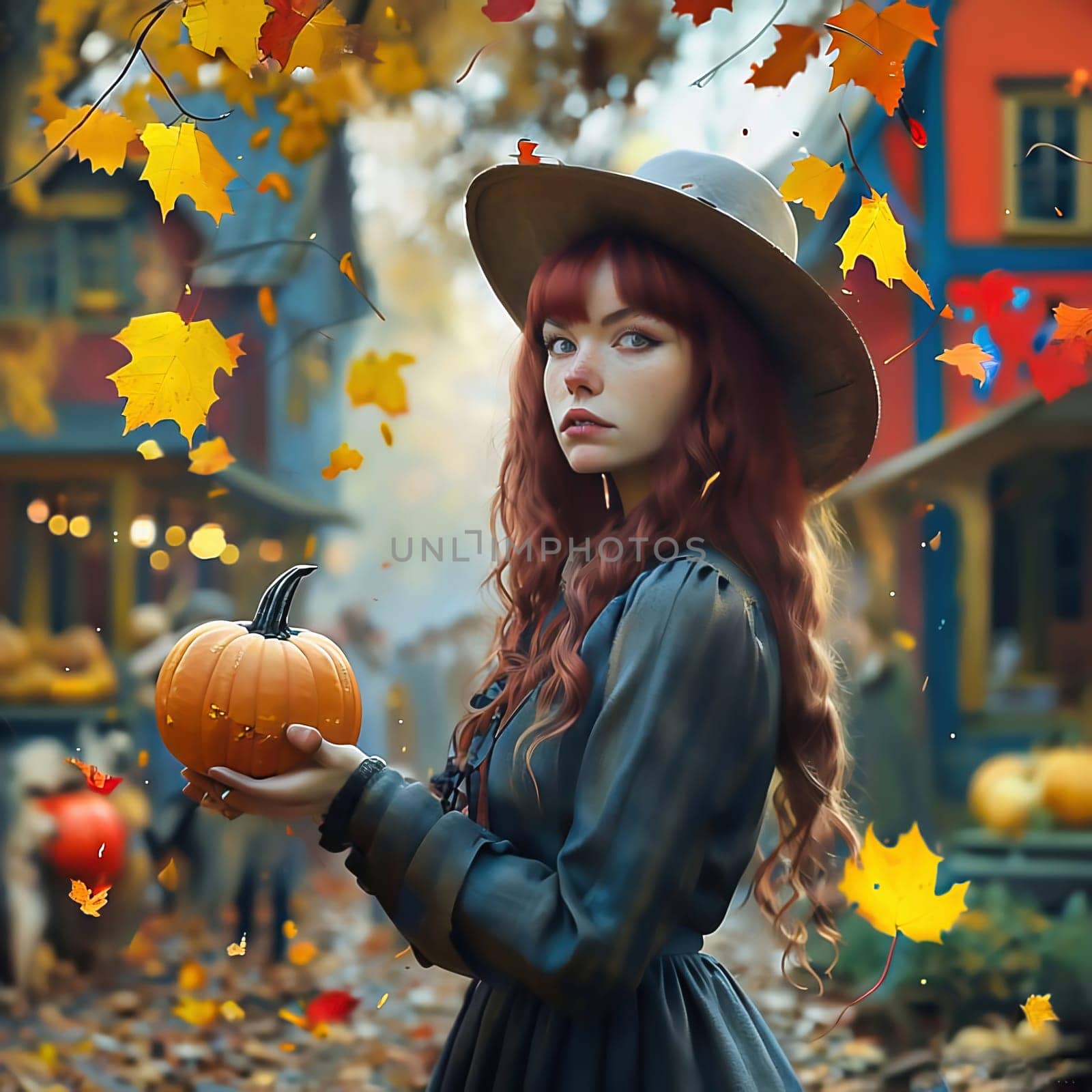Woman with a pumpkin in her hand. Dressed up for Helloween. Leaves for autumn. AI generated