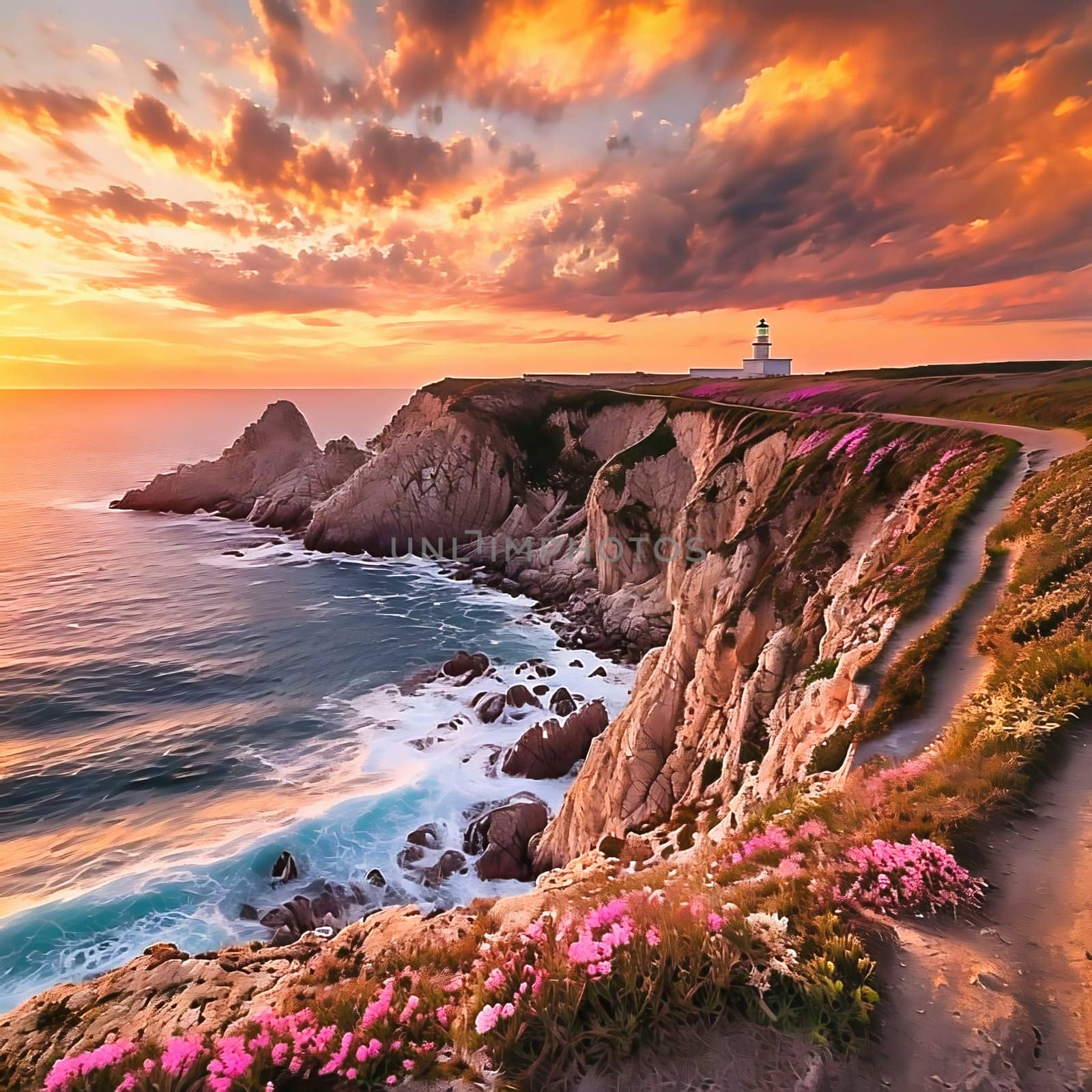 A spectacular sunset over a steep cliff with a lighthouse. Wild flowers bloom on the cliff edge while the waves crash against the rocks