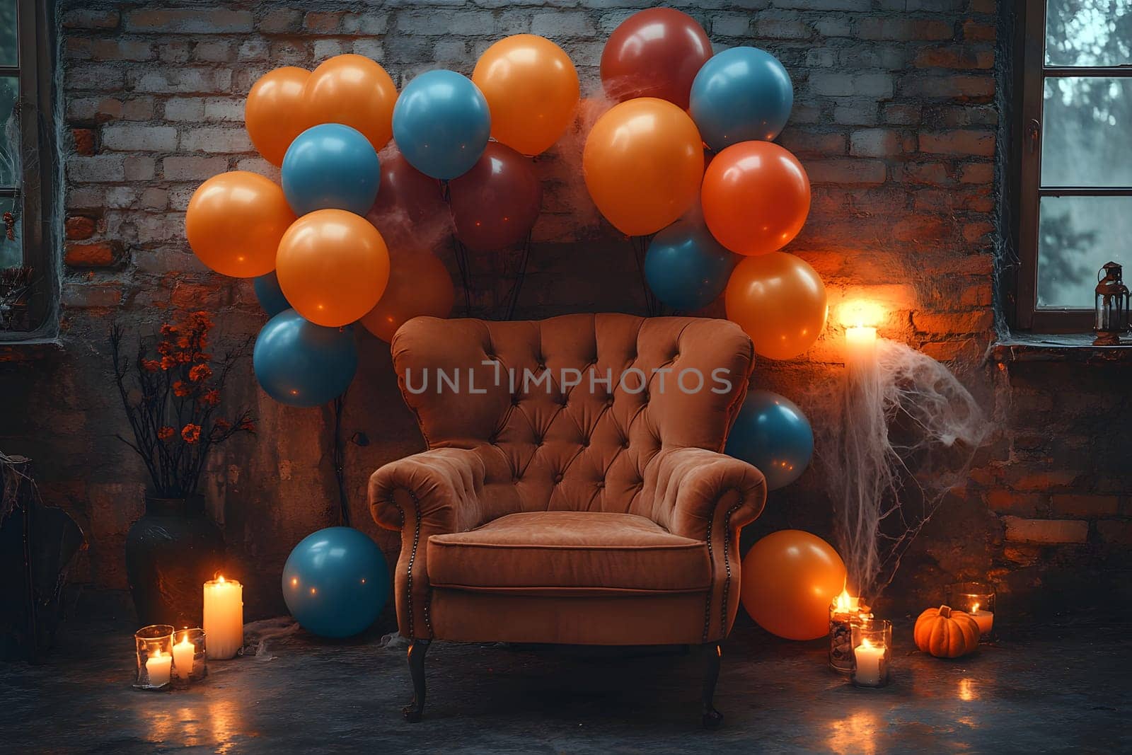 The Halloween scene with armchair, colorful balloons, decorations and old walls gives a sense of fun and mystery. The contrast between the colorful balloons and the old and charming charm of the wall.