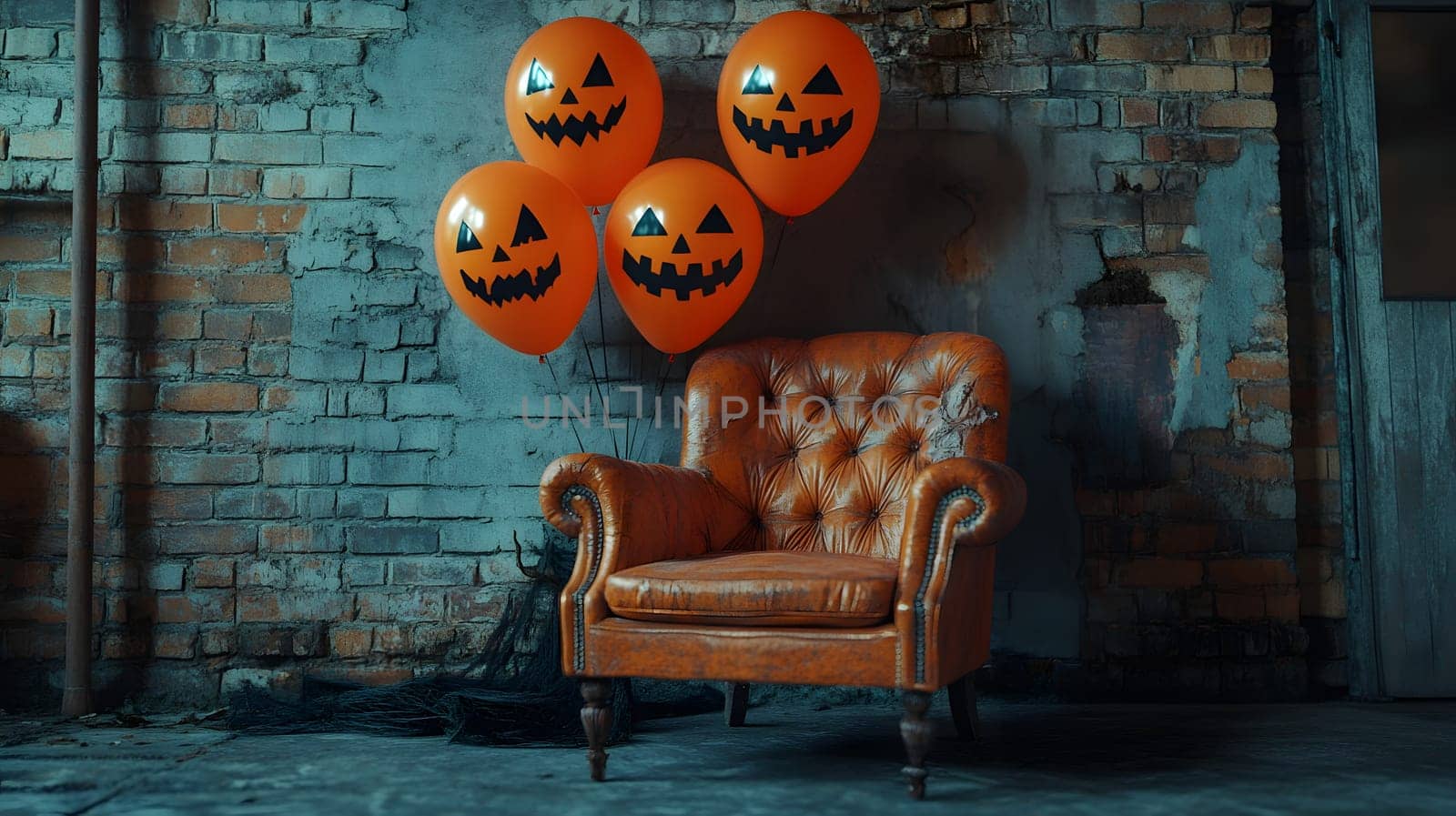 The Halloween scene with armchair, colorful balloons, decorations and old walls gives a sense of fun and mystery. The contrast between the colorful balloons and the old and charming charm of the wall.