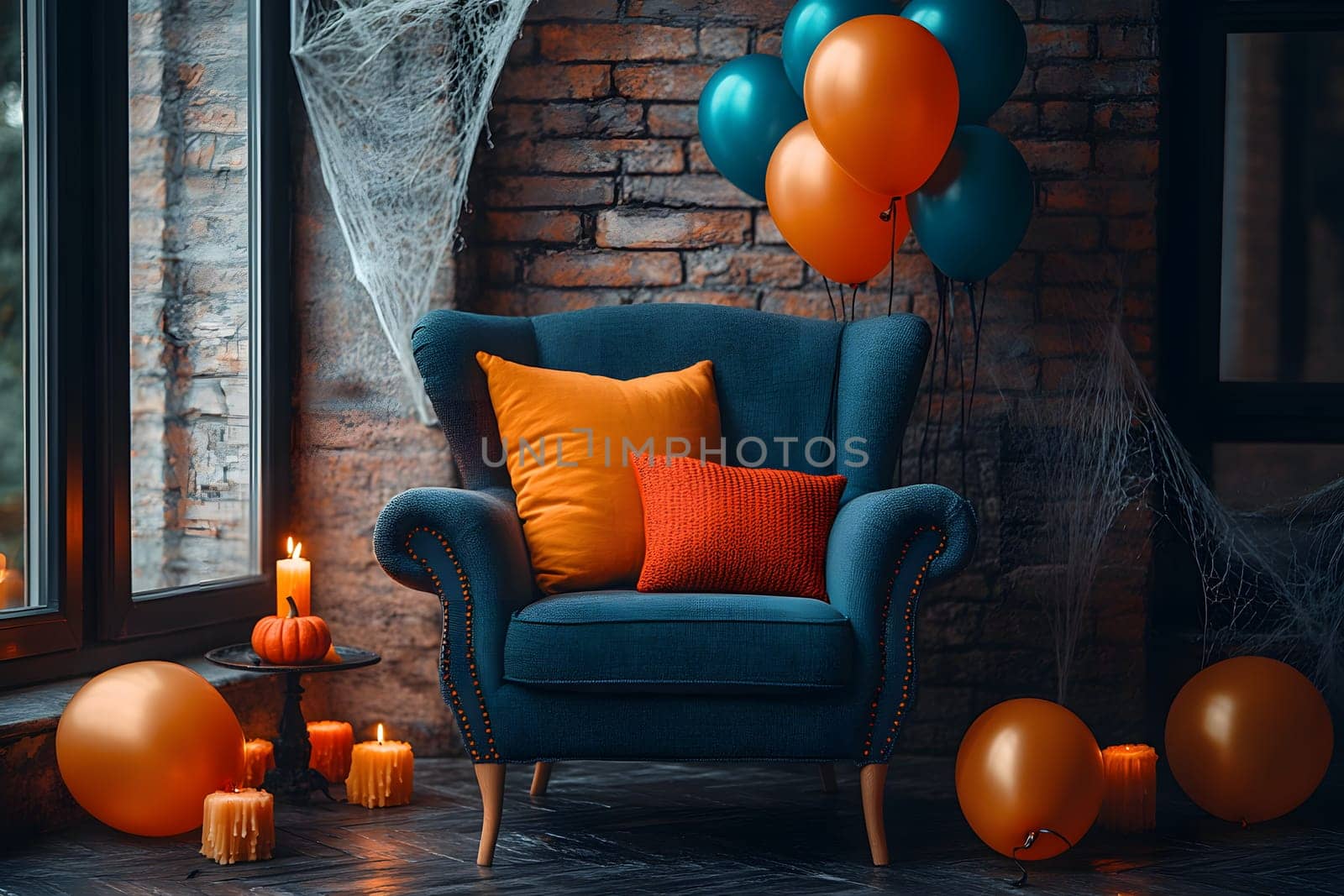 The Halloween scene with armchair, colorful balloons, decorations and old walls gives a sense of fun and mystery. The contrast between the colorful balloons and the old and charming charm of the wall.