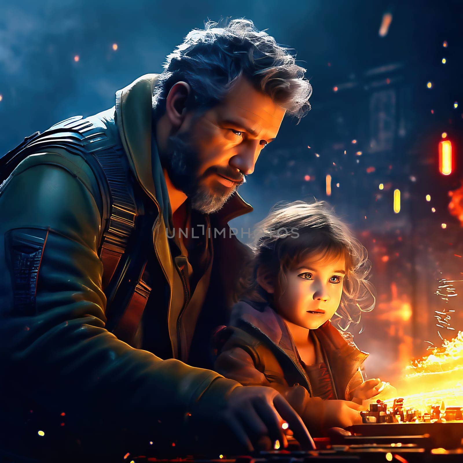 Father and daughter. The picture shows a smiling man with a beard, lovingly holding a little girl in his arms. Both look at each other happily, surrounded by warm, golden light. AI generated image