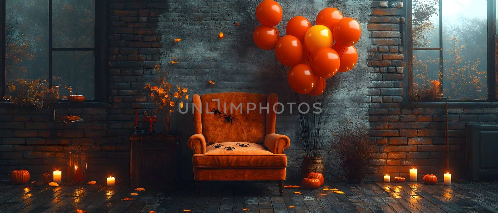 The Halloween scene with armchair, colorful balloons, decorations and old walls gives a sense of fun and mystery. The contrast between the colorful balloons and the old and charming charm of the wall.