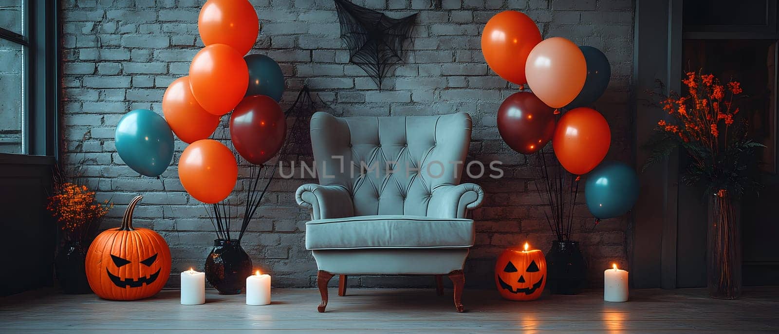 The Halloween scene with armchair, colorful balloons, decorations and old walls gives a sense of fun and mystery. The contrast between the colorful balloons and the old and charming charm of the wall.