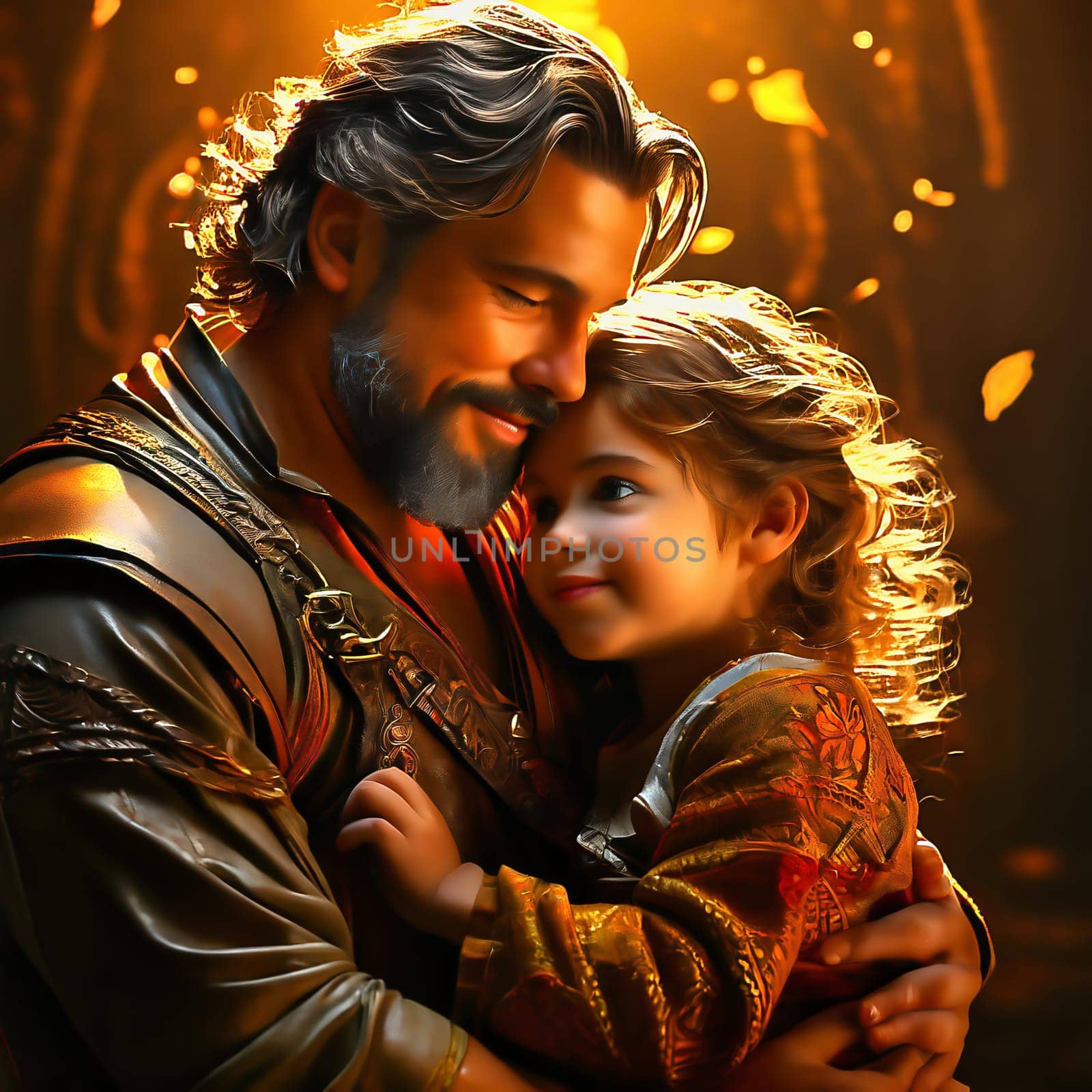 Father and daughter. The picture shows a smiling man with a beard, lovingly holding a little girl in his arms. Both look at each other happily, surrounded by warm, golden light. AI generated image