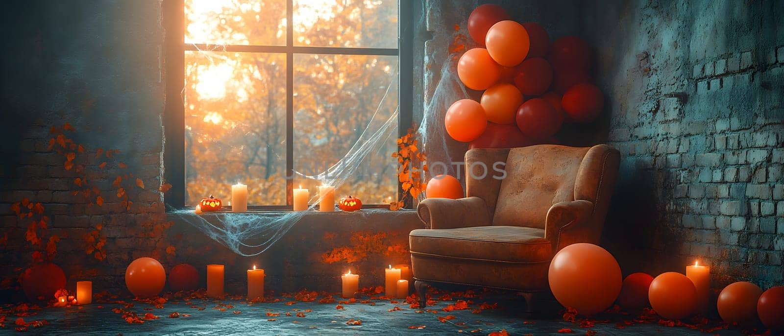 The Halloween scene with armchair, colorful balloons, decorations and old walls gives a sense of fun and mystery. The contrast between the colorful balloons and the old and charming charm of the wall.