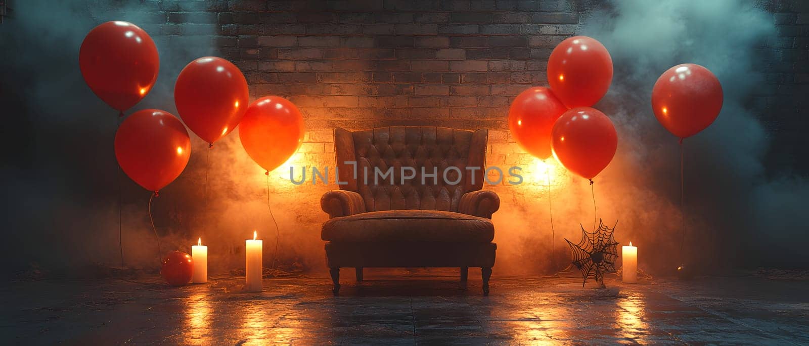 The Halloween scene with armchair, colorful balloons, decorations and old walls gives a sense of fun and mystery. The contrast between the colorful balloons and the old and charming charm of the wall.