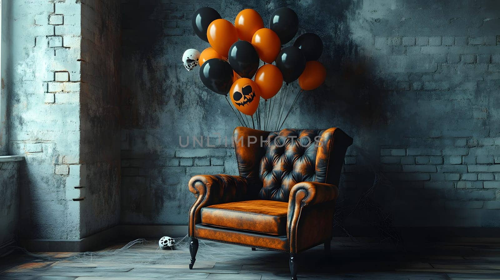 The Halloween scene with armchair, colorful balloons, decorations and old walls gives a sense of fun and mystery. The contrast between the colorful balloons and the old and charming charm of the wall.