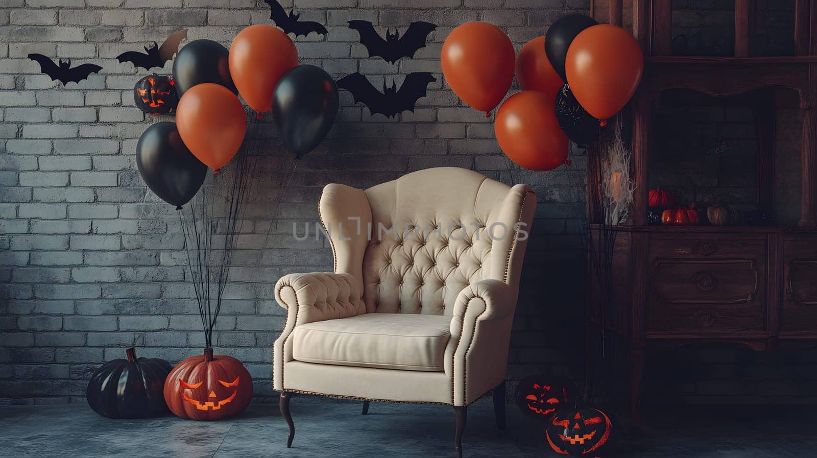 The Halloween scene with armchair, colorful balloons, decorations and old walls gives a sense of fun and mystery. The contrast between the colorful balloons and the old and charming charm of the wall.