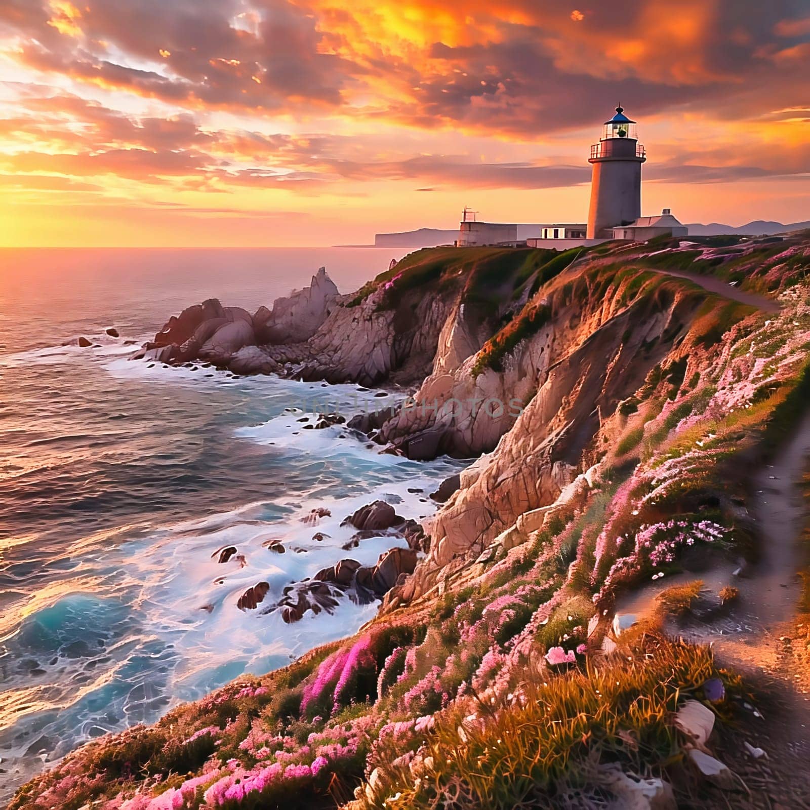 A spectacular sunset over a steep cliff with a lighthouse. Wild flowers bloom on the cliff edge while the waves crash against the rocks