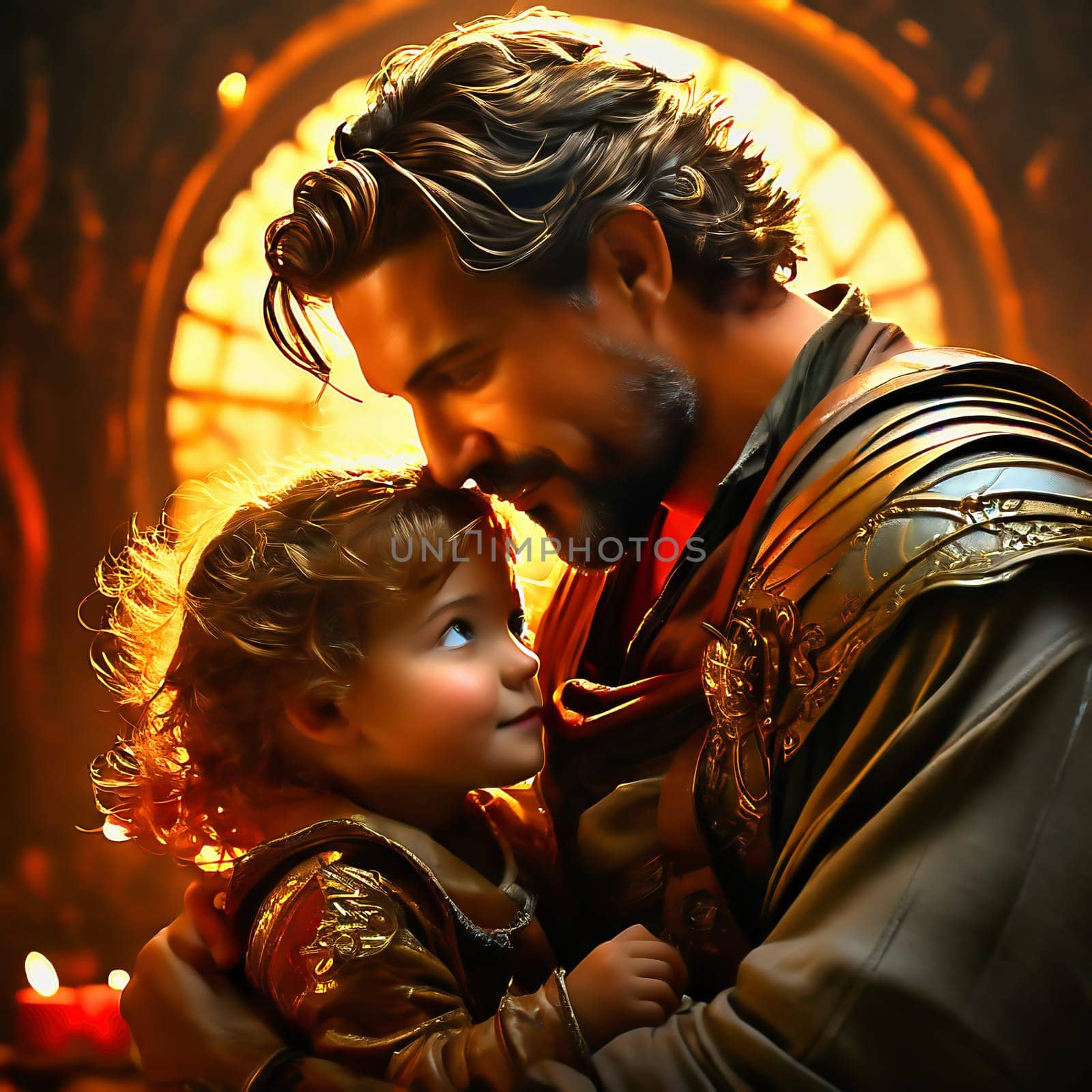 Father and daughter. The picture shows a smiling man with a beard, lovingly holding a little girl in his arms. Both look at each other happily, surrounded by warm, golden light. AI generated image