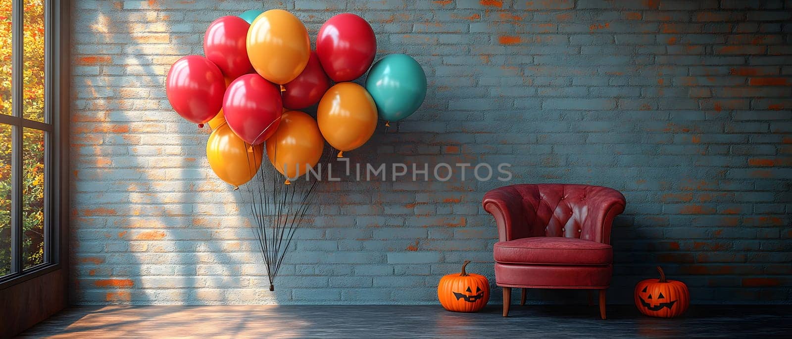 The Halloween scene with armchair, colorful balloons, decorations and old walls gives a sense of fun and mystery. The contrast between the colorful balloons and the old and charming charm of the wall.