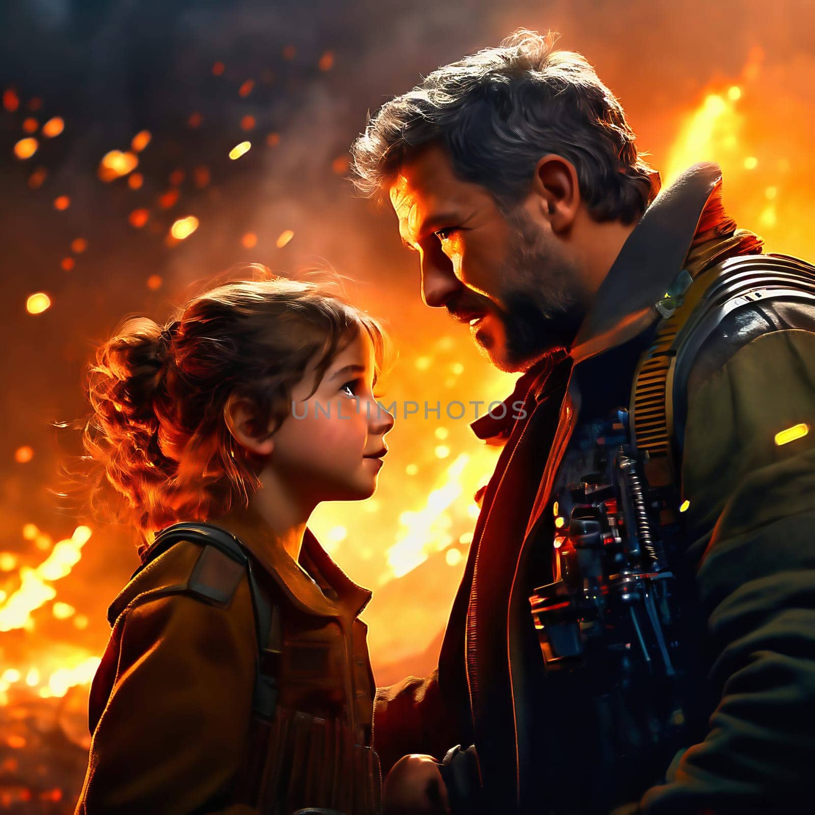 Father and daughter. The picture shows a smiling man with a beard, lovingly holding a little girl in his arms. Both look at each other happily, surrounded by warm, golden light. AI generated image