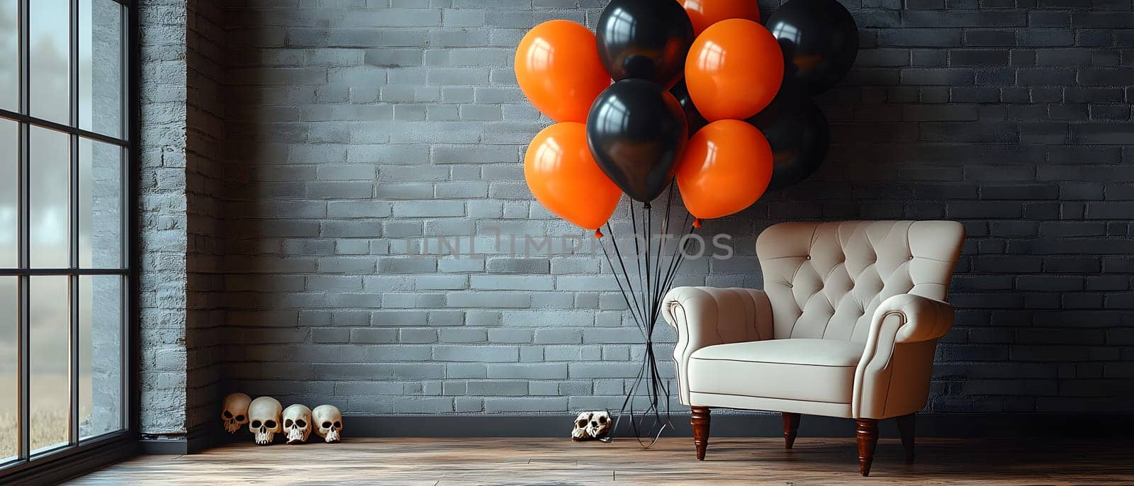 The Halloween scene with armchair, colorful balloons, decorations and old walls gives a sense of fun and mystery. The contrast between the colorful balloons and the old and charming charm of the wall.