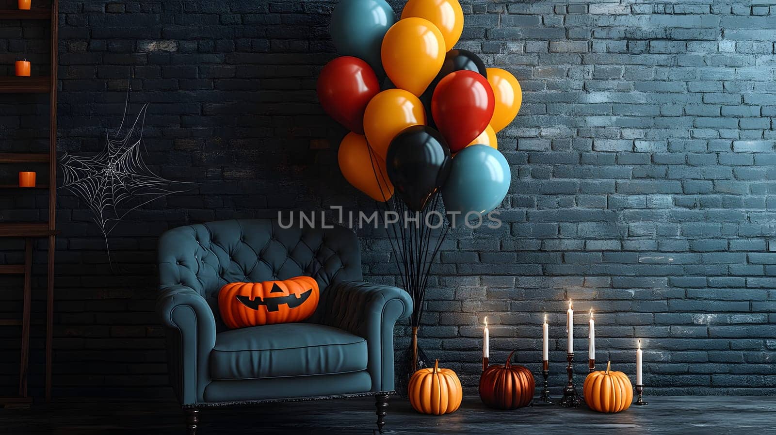 The Halloween scene with armchair, colorful balloons, decorations and old walls gives a sense of fun and mystery. The contrast between the colorful balloons and the old and charming charm of the wall.