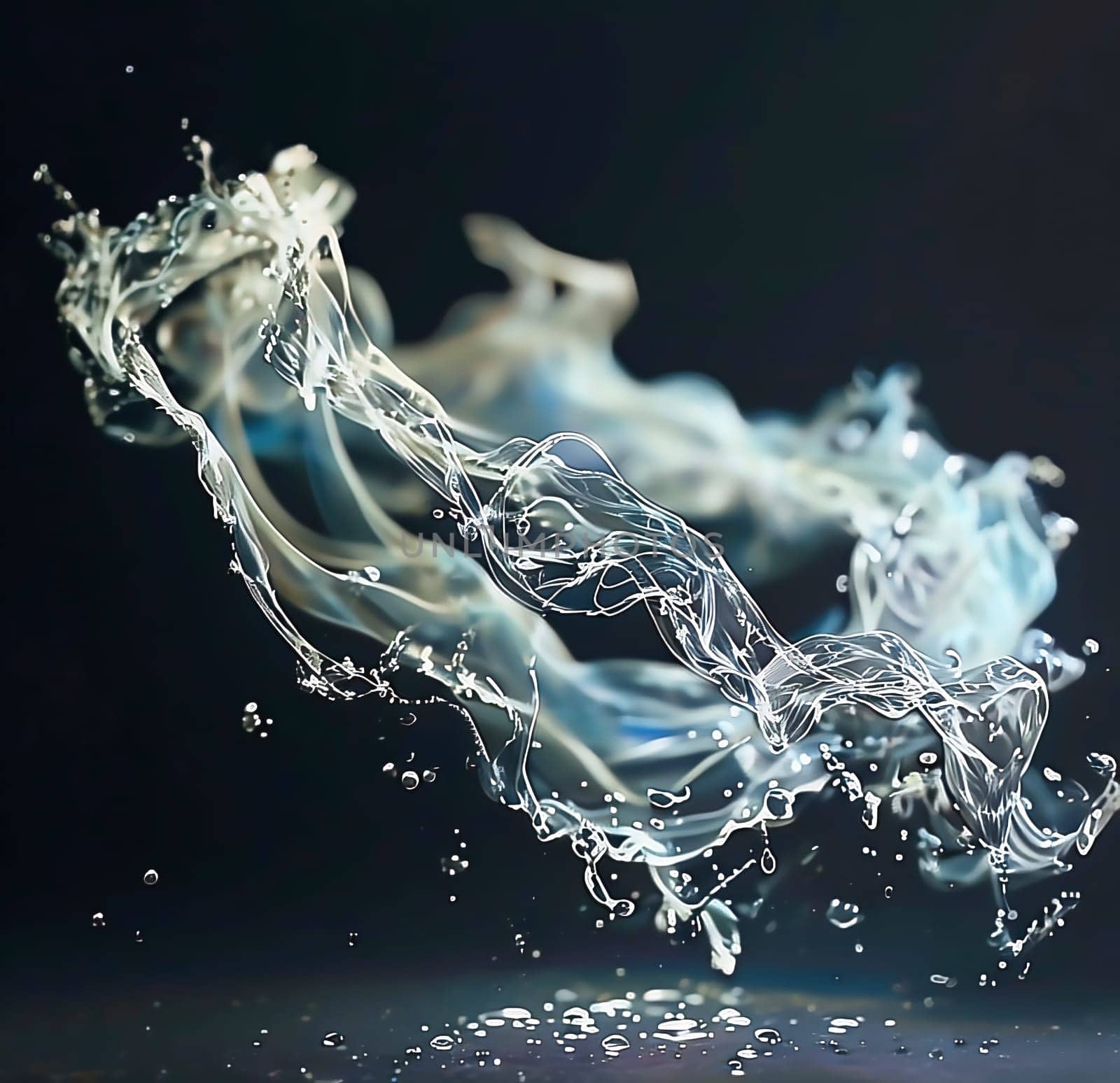 A dynamic image of water in motion, frozen in detailed, wave-like structures. The drops float in the air and lend elegance to the scene