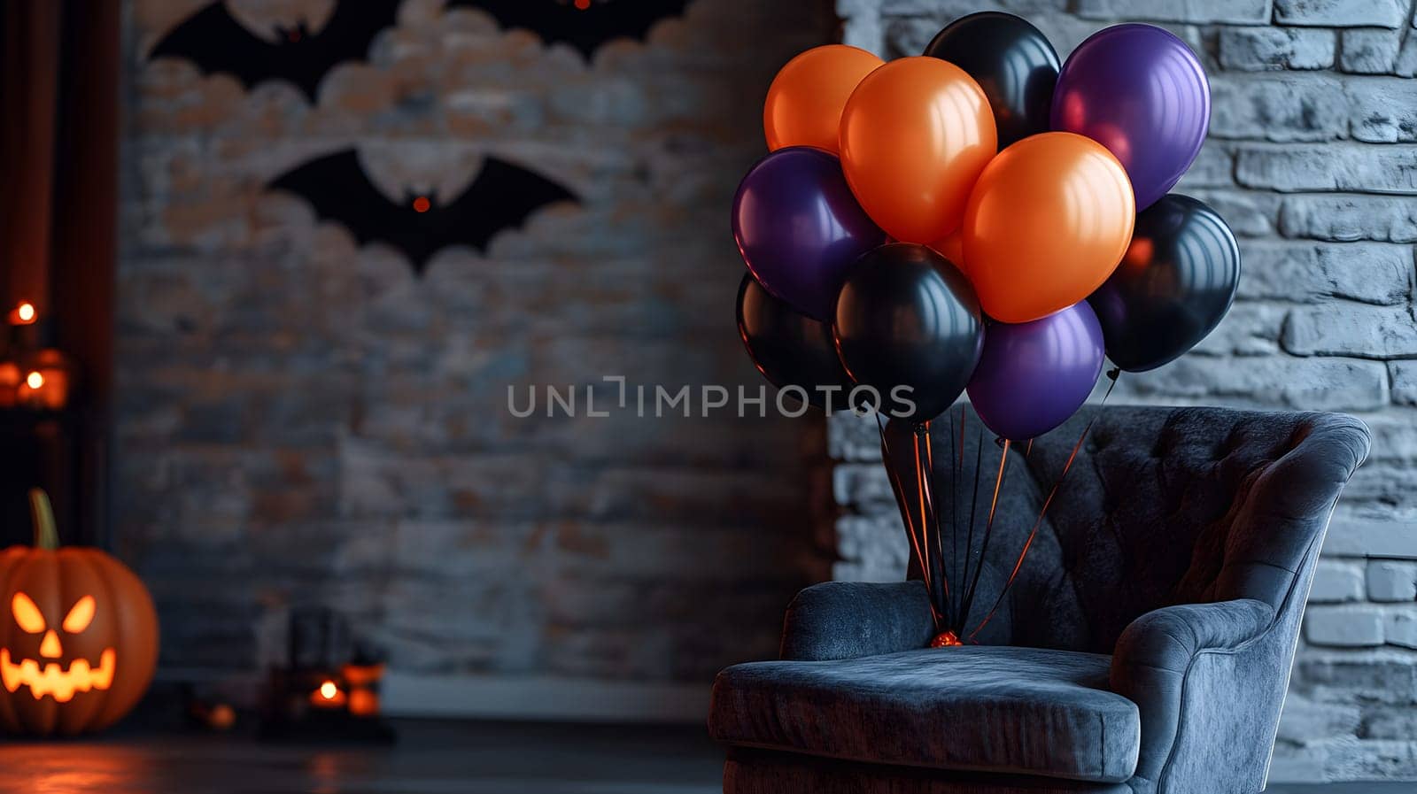 The Halloween scene with armchair, colorful balloons, decorations and old walls gives a sense of fun and mystery. The contrast between the colorful balloons and the old and charming charm of the wall.