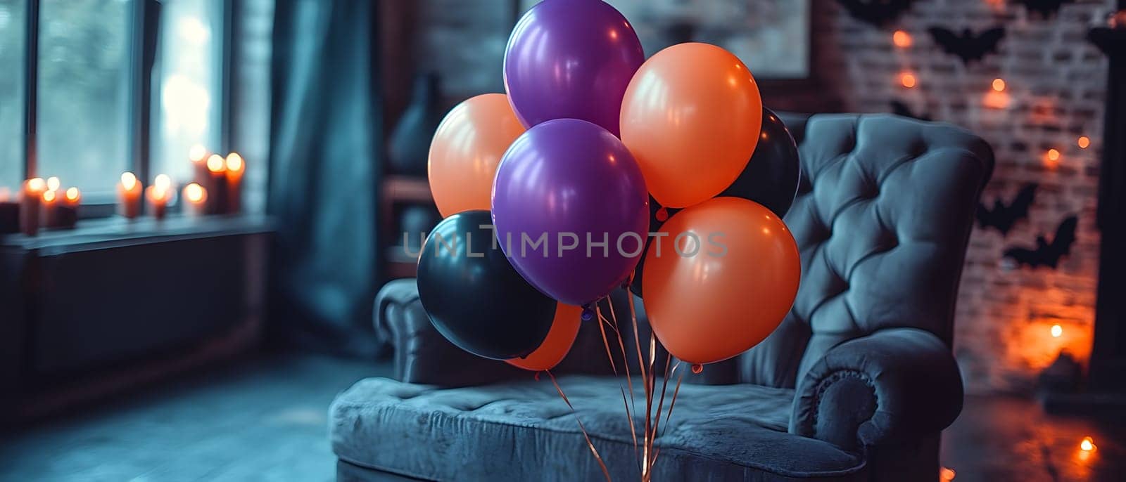 The Halloween scene with armchair, colorful balloons, decorations and old walls gives a sense of fun and mystery. The contrast between the colorful balloons and the old and charming charm of the wall.