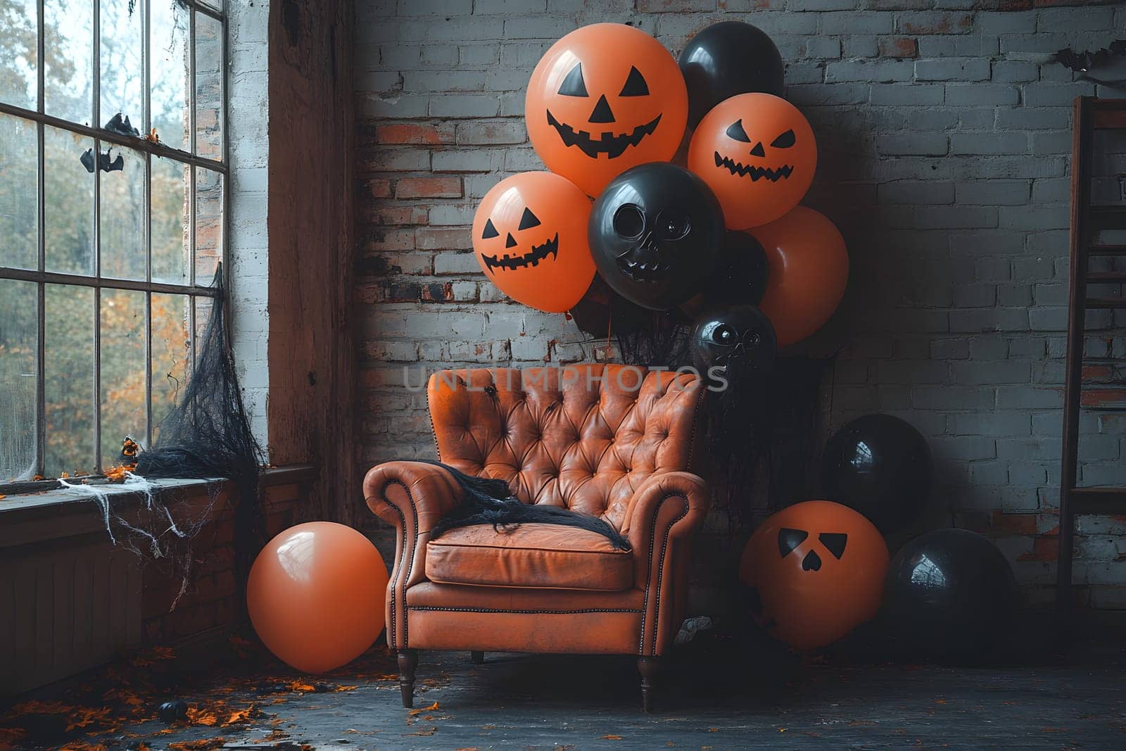 The Halloween scene with armchair, colorful balloons, decorations and old walls gives a sense of fun and mystery. The contrast between the colorful balloons and the old and charming charm of the wall.