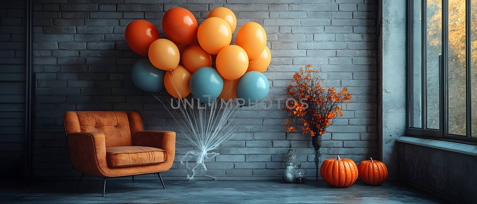 The Halloween scene with armchair, colorful balloons, decorations and old walls gives a sense of fun and mystery. The contrast between the colorful balloons and the old and charming charm of the wall.
