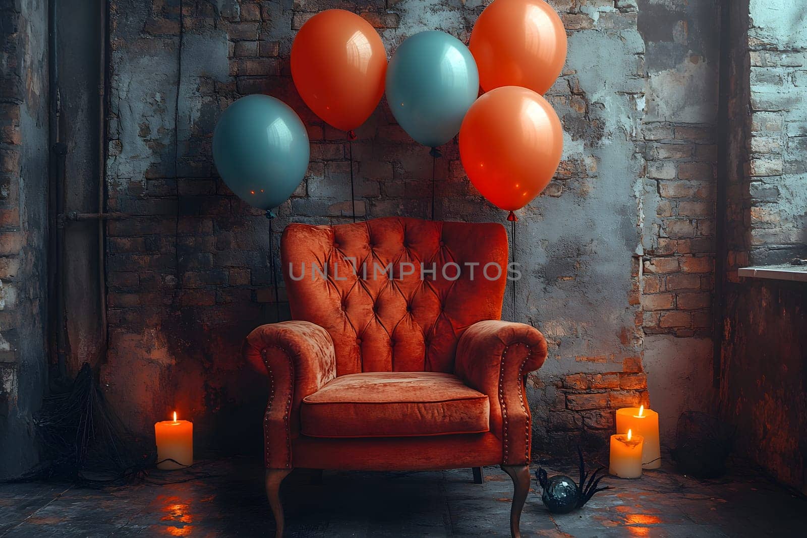 The Halloween scene with armchair, colorful balloons, decorations and old walls gives a sense of fun and mystery. The contrast between the colorful balloons and the old and charming charm of the wall.